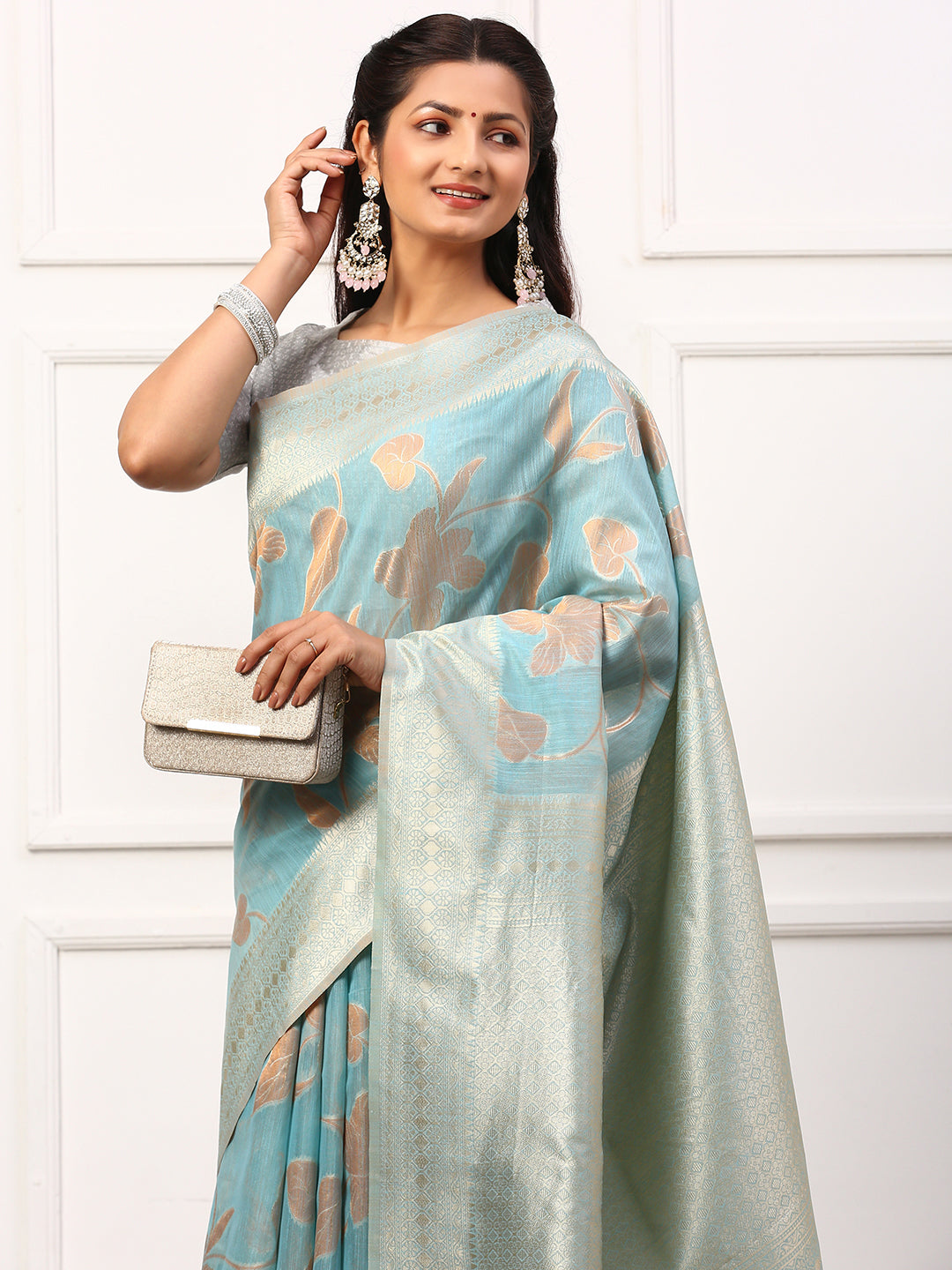 Women Semi Linen Weaving Saree Blue SL147