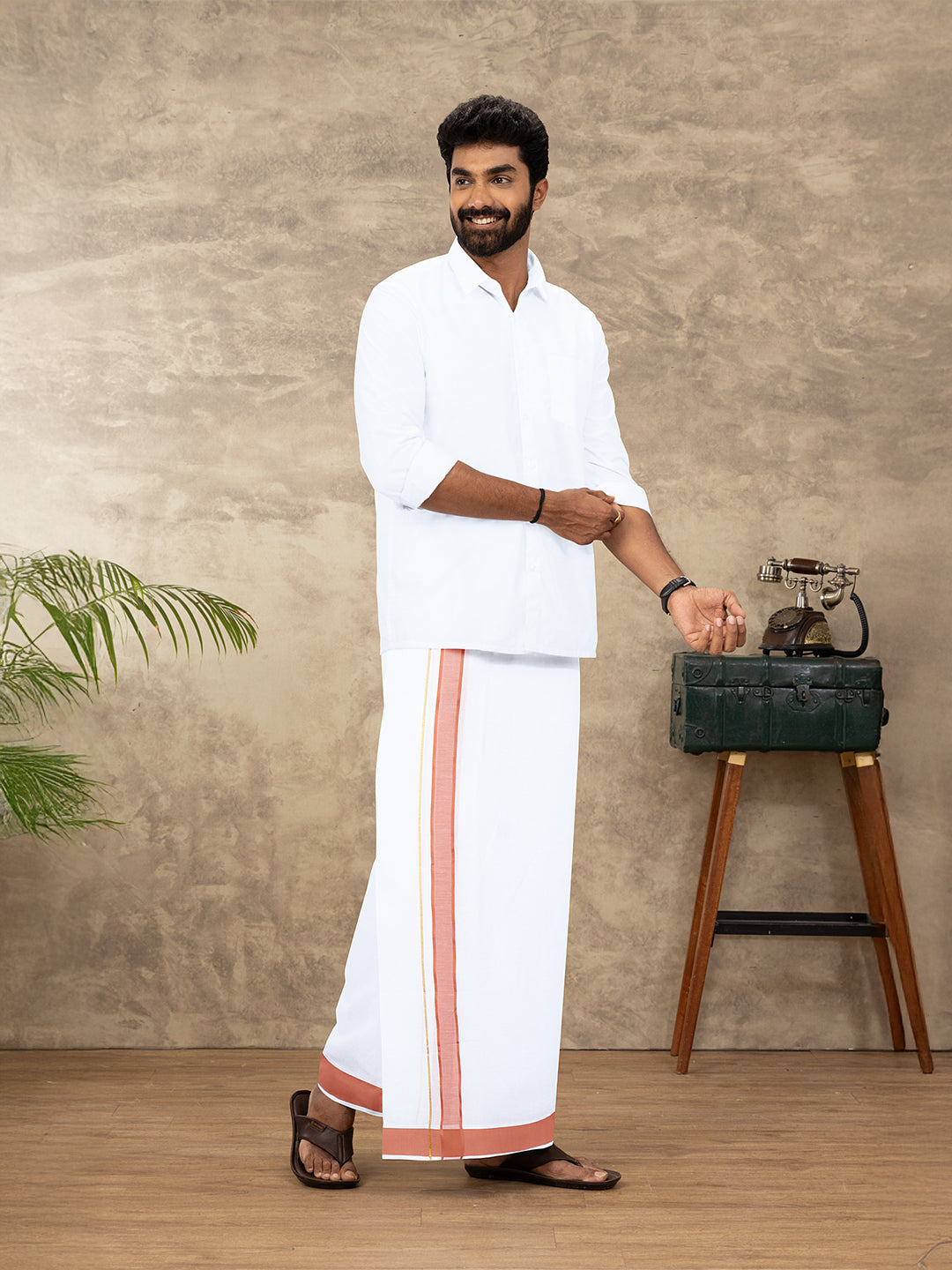 Men Cotton Blend Readymade Double Layer White Dhoti with Fancy Jari Border GFDA17
