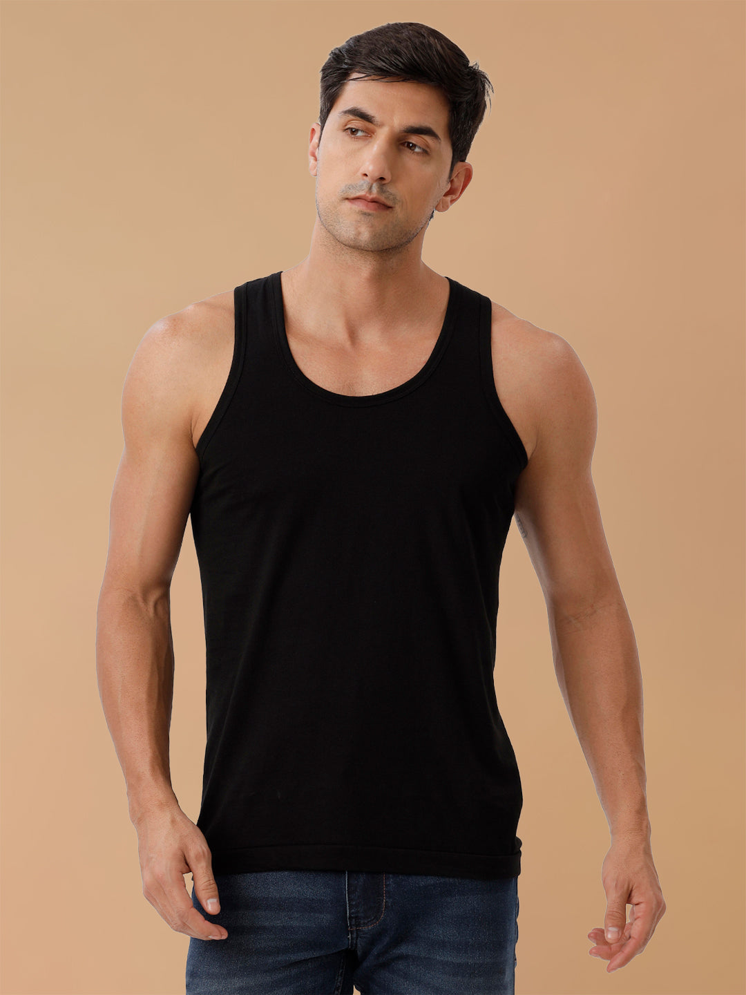 100% Combed Cotton Black Vest RN Sukra (Pack of 2)
