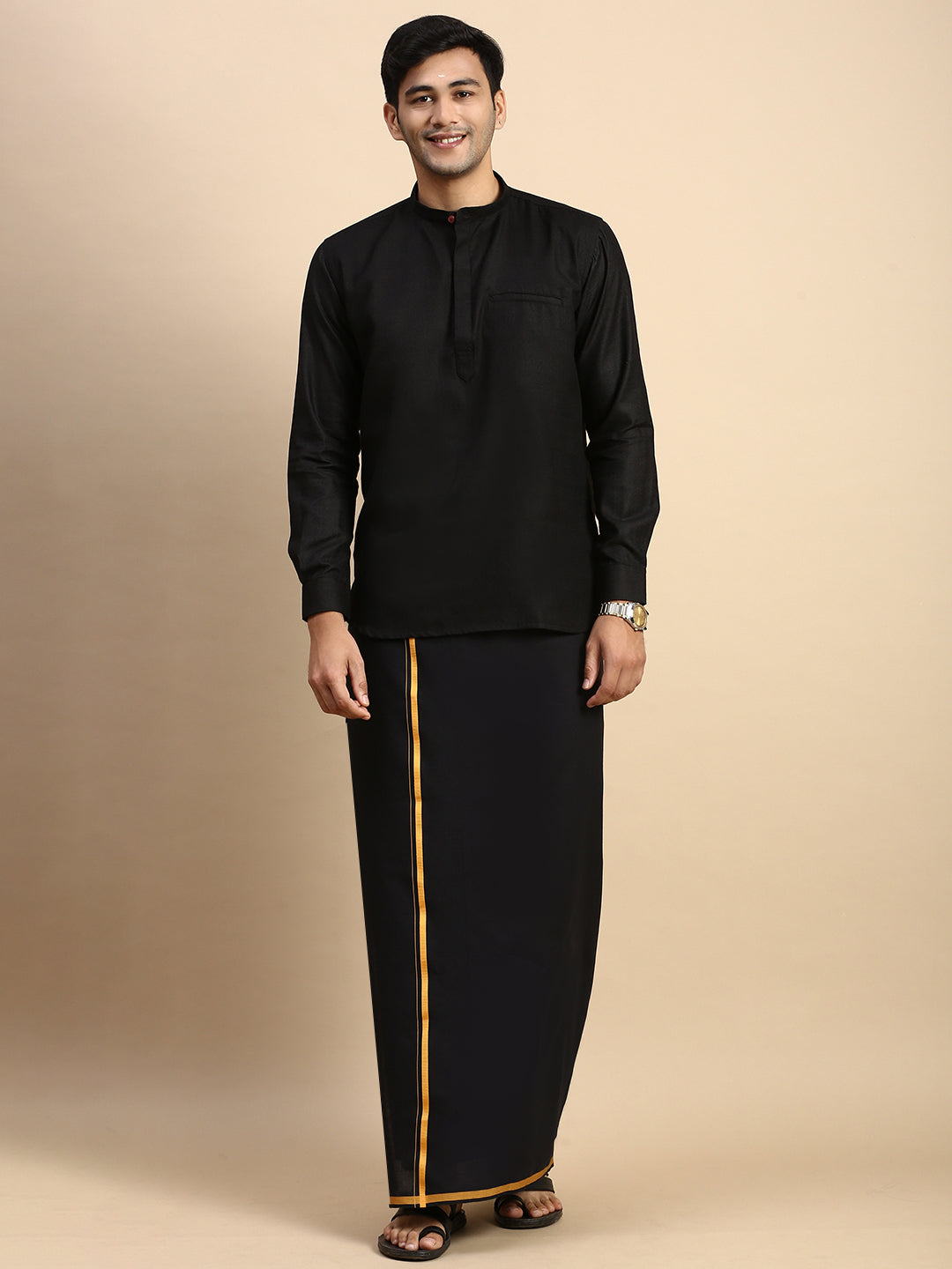 Men Devotional Big Border Dhoti & Kurta Set Black KP6