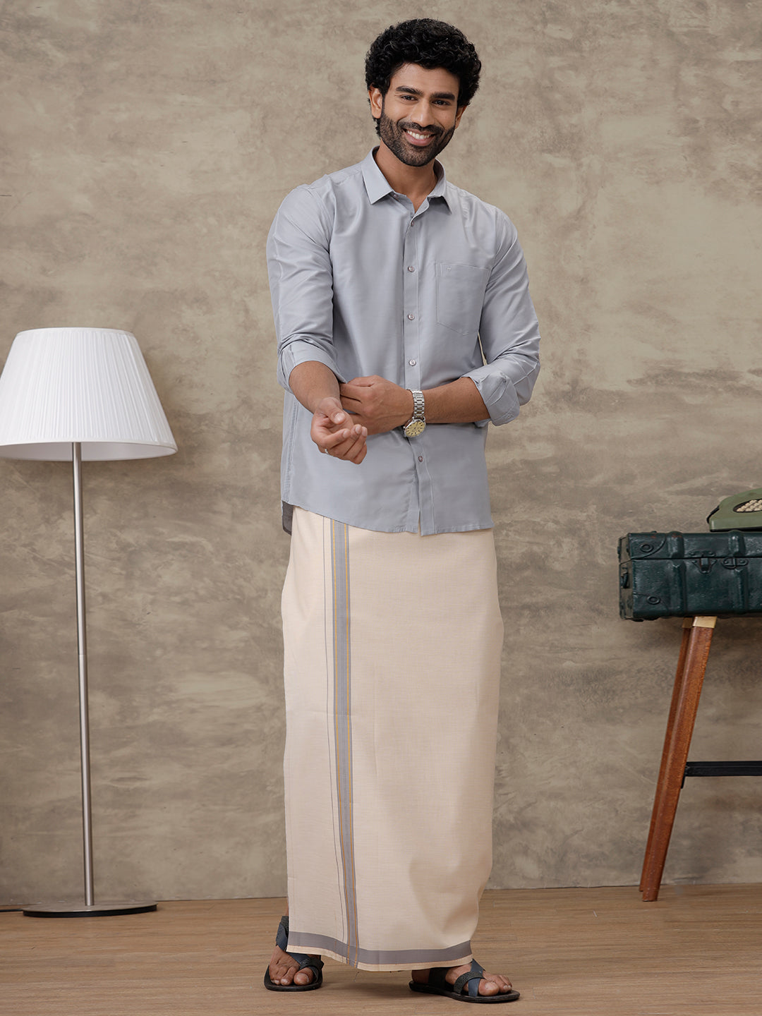 Couple Combo Shirt & Dhoti Set with Saree Silver Grey ASS95