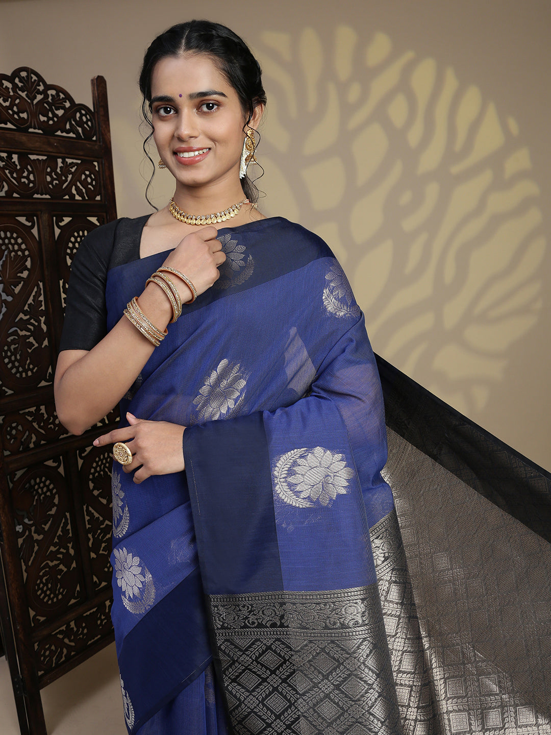 Women Dark Blue Kora Cotton Saree SK104