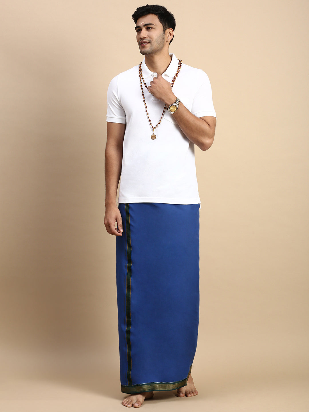 Men Devotional Mayilkhan Border Dhoti & TShirt Set Blue EP1