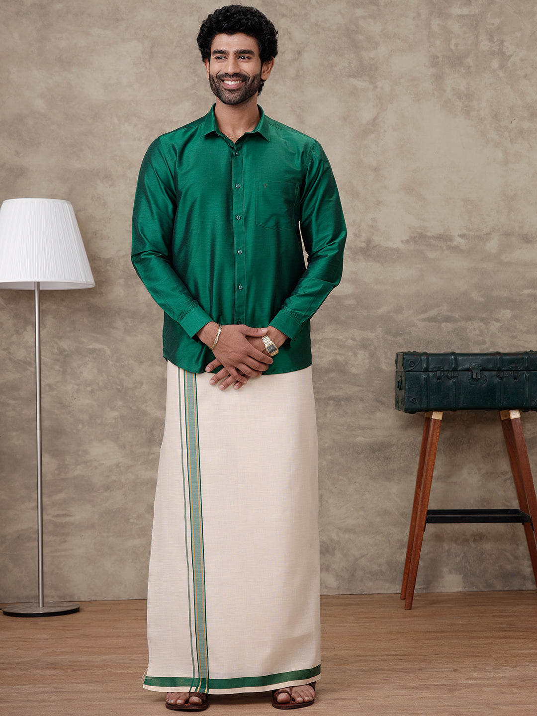 Men Parsley Green Silk Cotton Shirt With Matching Border Tissue Dhoti Set CCB Fortune