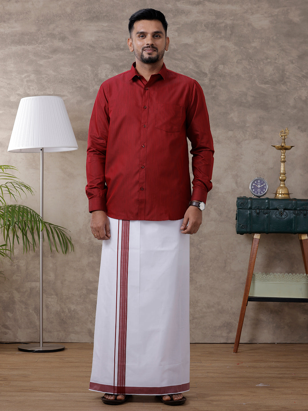 Mens Dark Red Matching Border Dhoti & Full Sleeves Shirt Set Evolution IC9