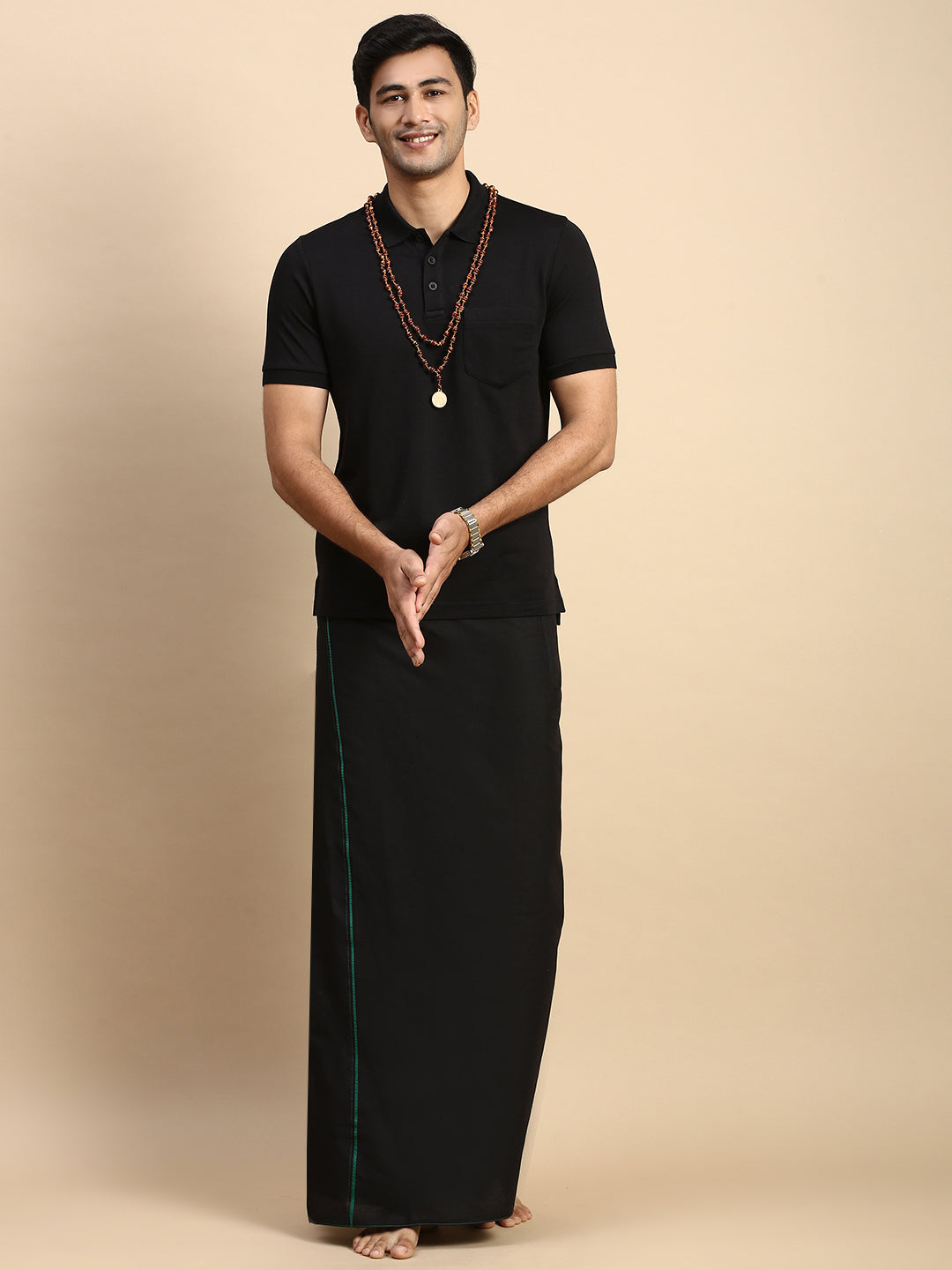 Men Devotional Small Border Dhoti & TShirt Set Black EPD14