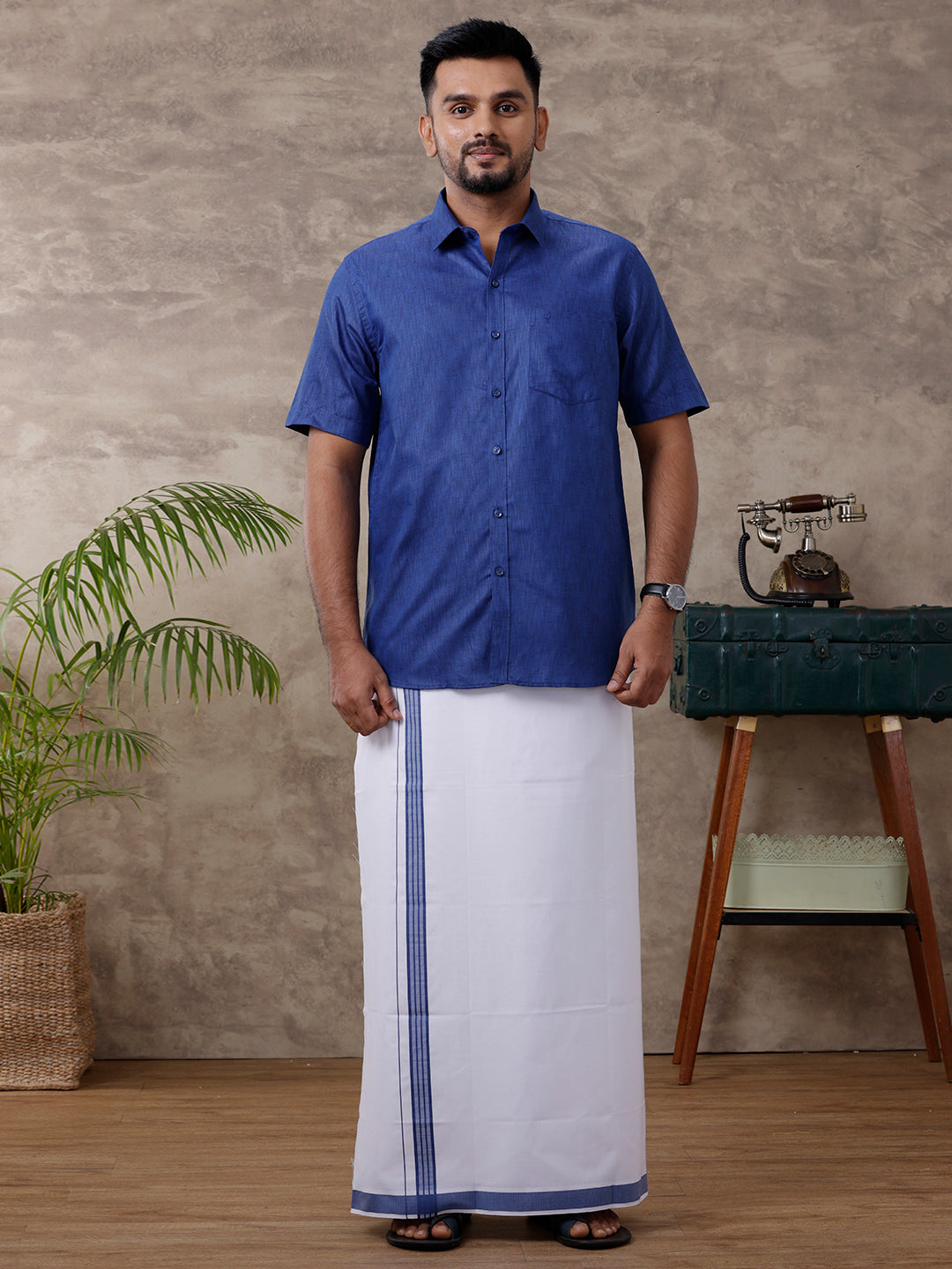 Mens Matching Border Dhoti & Shirt Set Half Blue C80