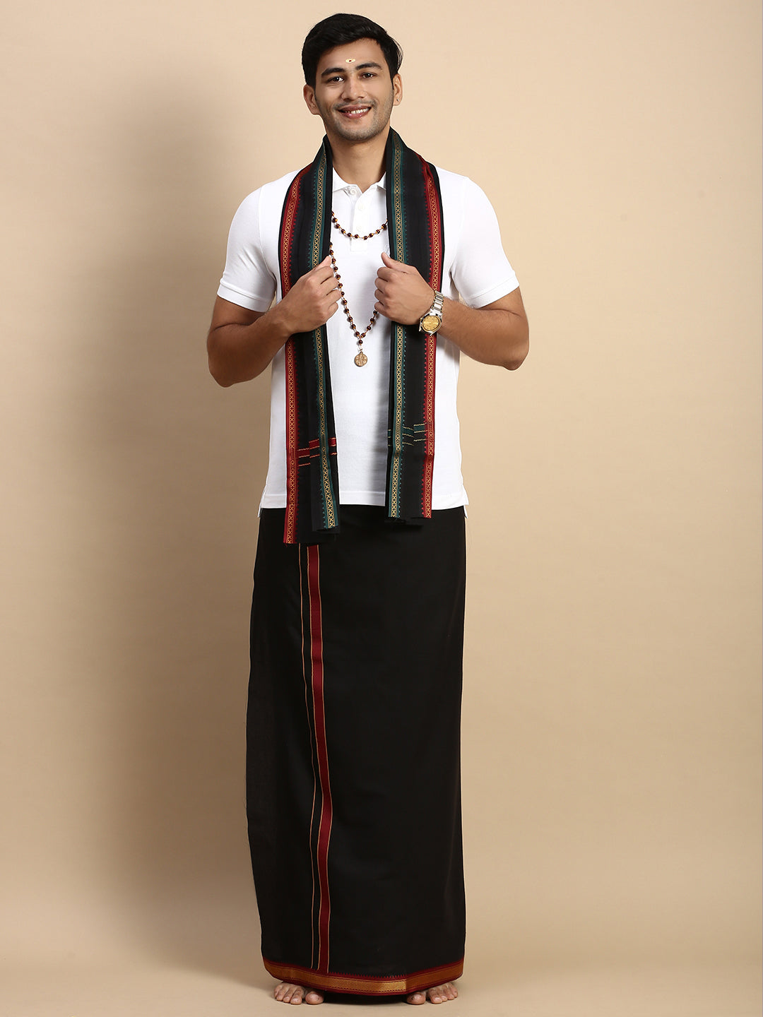 Men Devotional Mayilkhan Border Dhoti with Towel & TShirt Set Black EP1