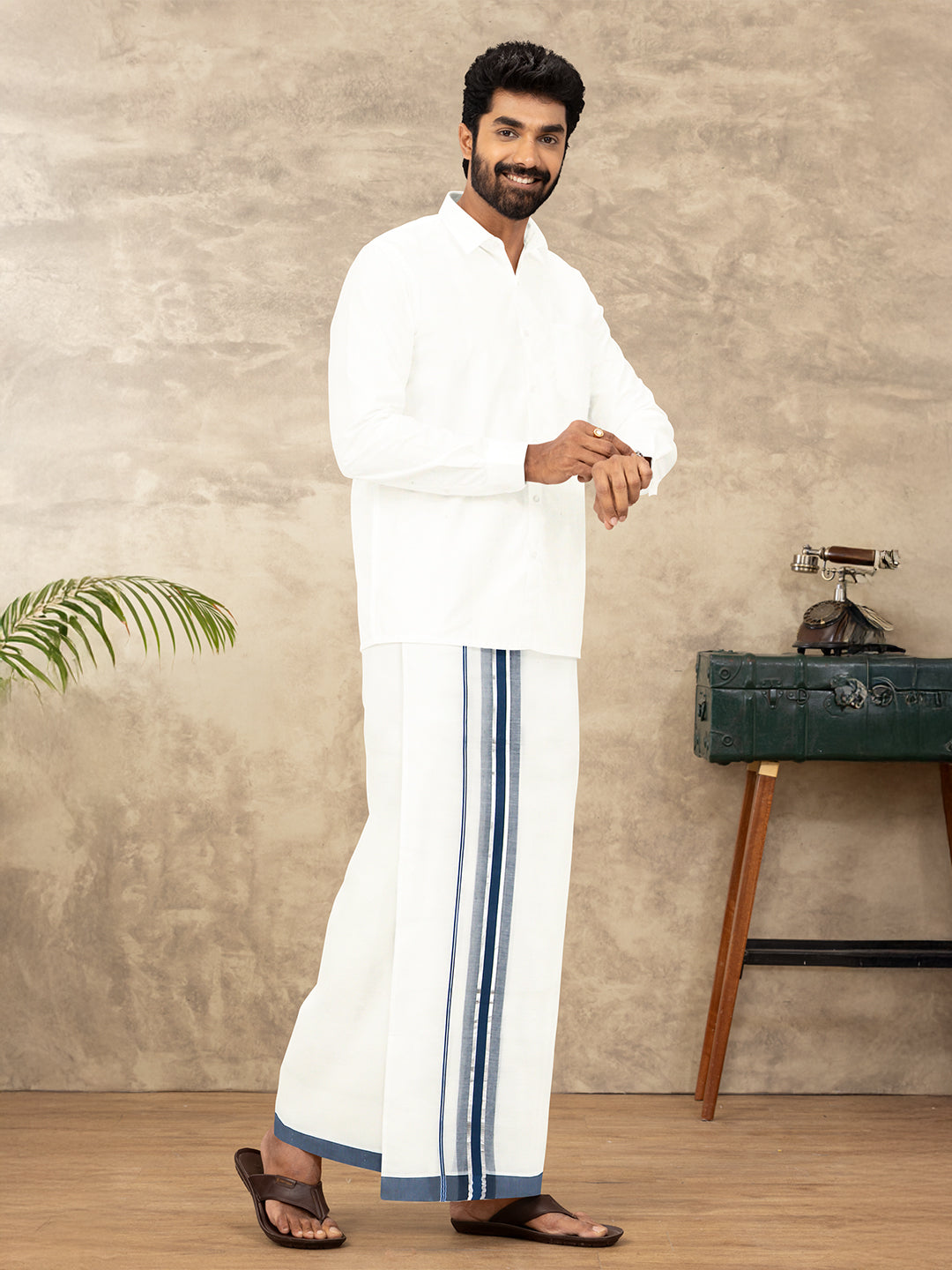 Men Kora Cotton Double Layer Dhoti with Fancy Jari Border ESJ07