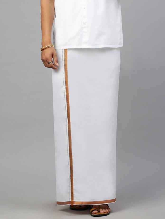 Men 3/4" Copper Jari Border Double Layer Adjustable White Dhoti 248