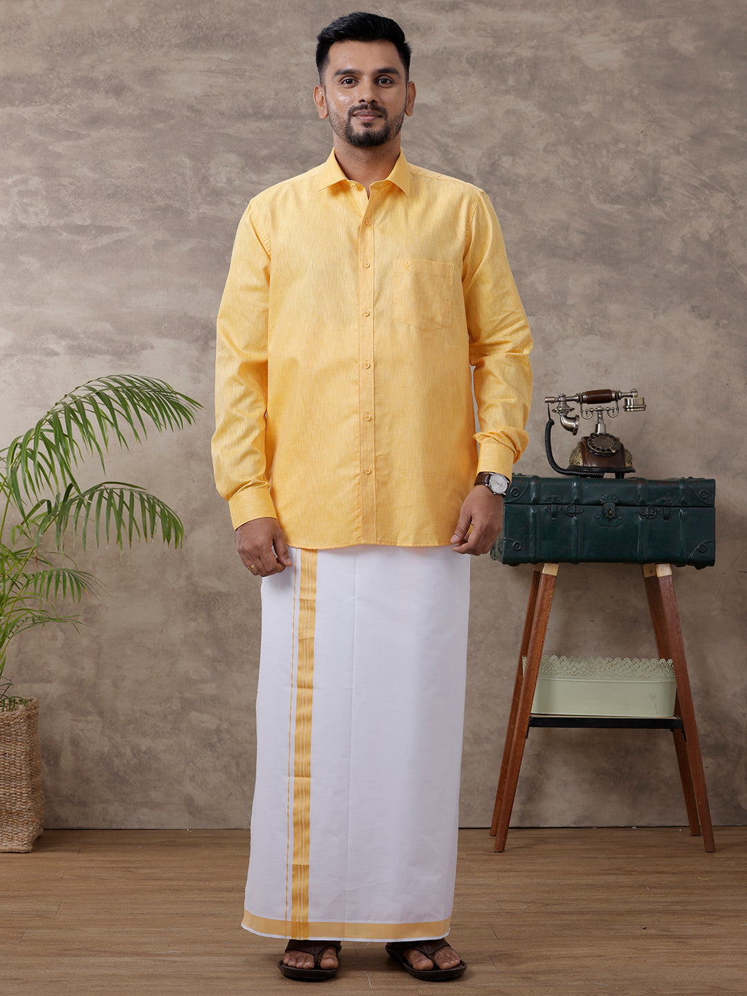 Men Matching Border Dhoti & Full Sleeves Shirt Set Gold C3