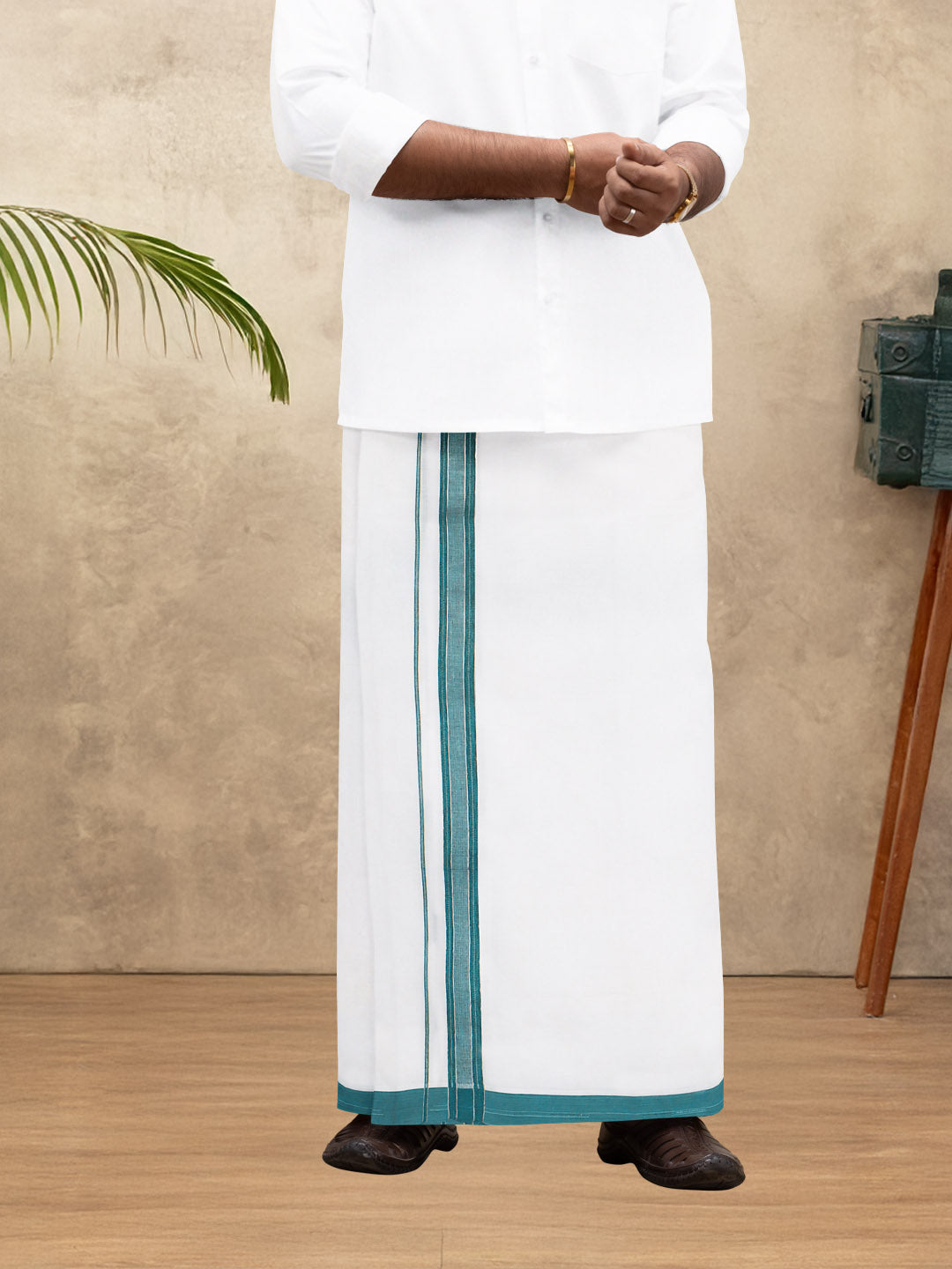 Men 100% Cotton Double Layer White Dhoti with Fancy Jari Border EJF14