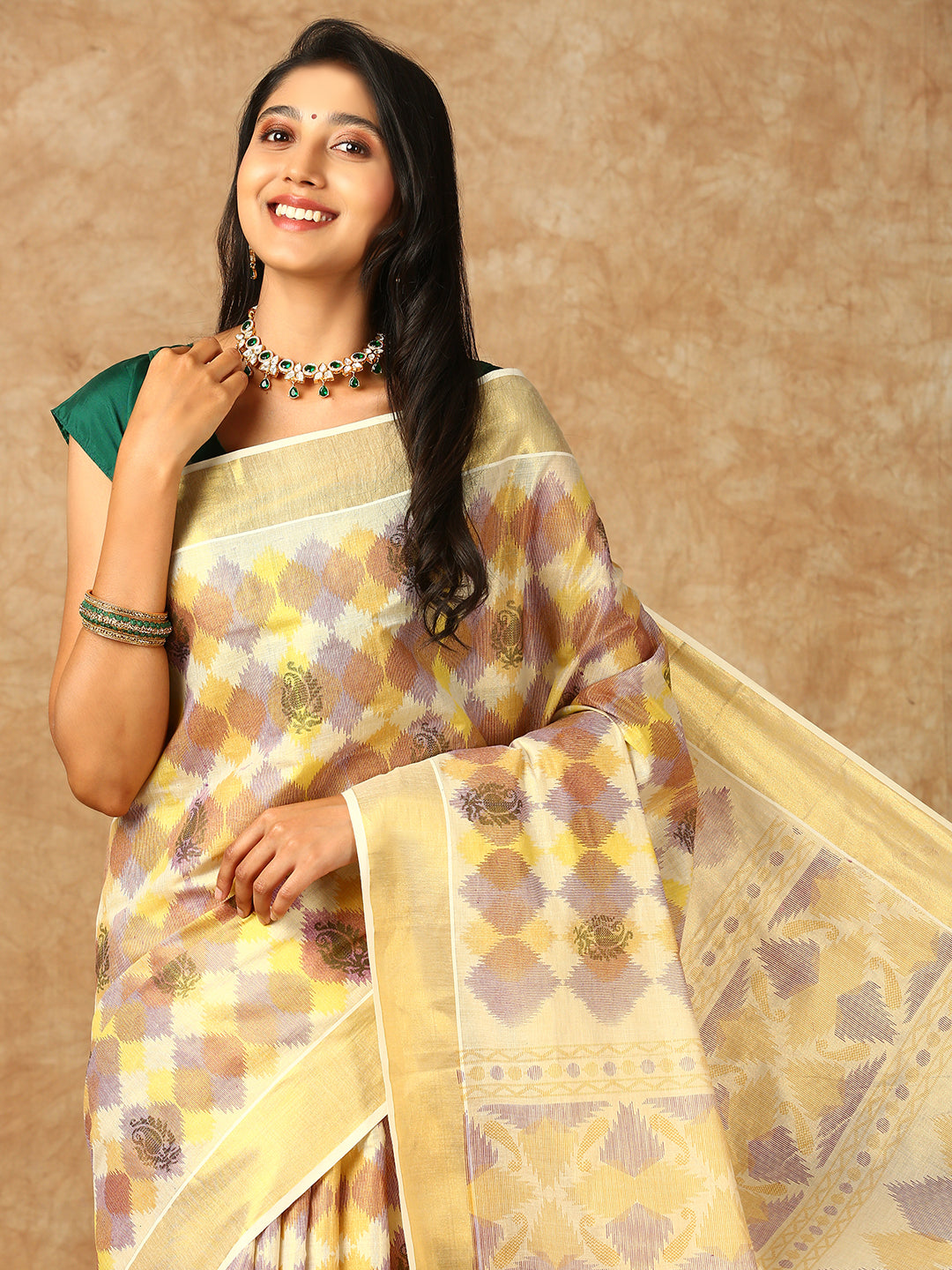 Women Kerala Cream Printed Tissue Saree KS148