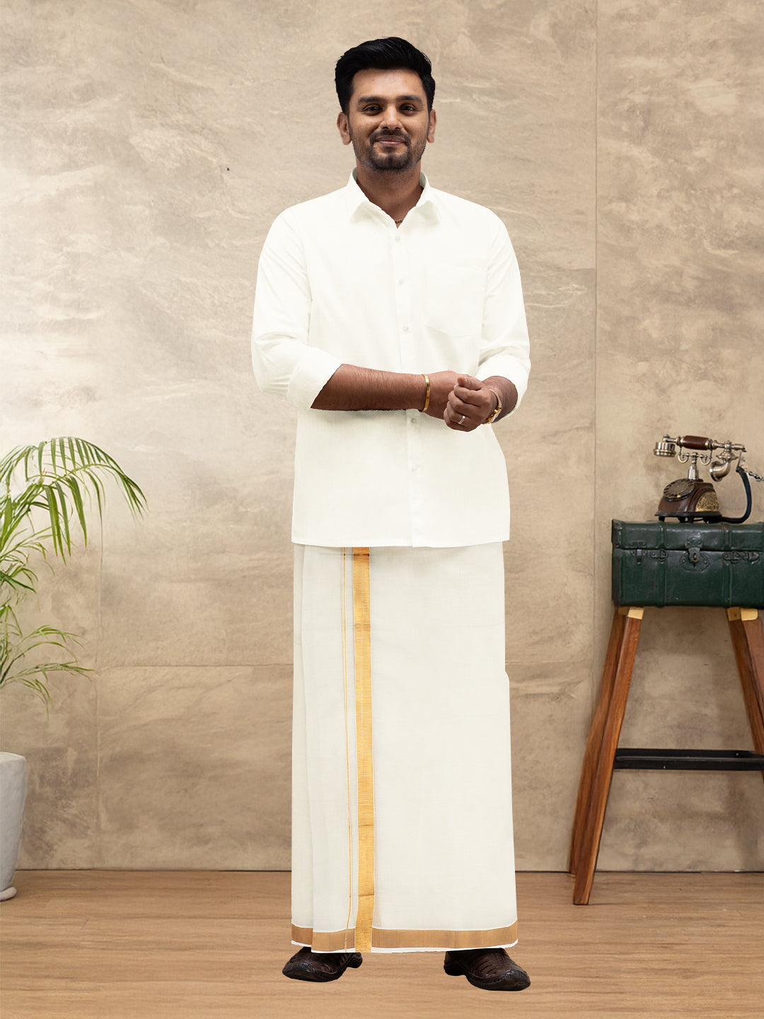 Men Kora Cotton Double Layer Cream Dhoti with 1 1/2"inch Gold Jari Border Mangal