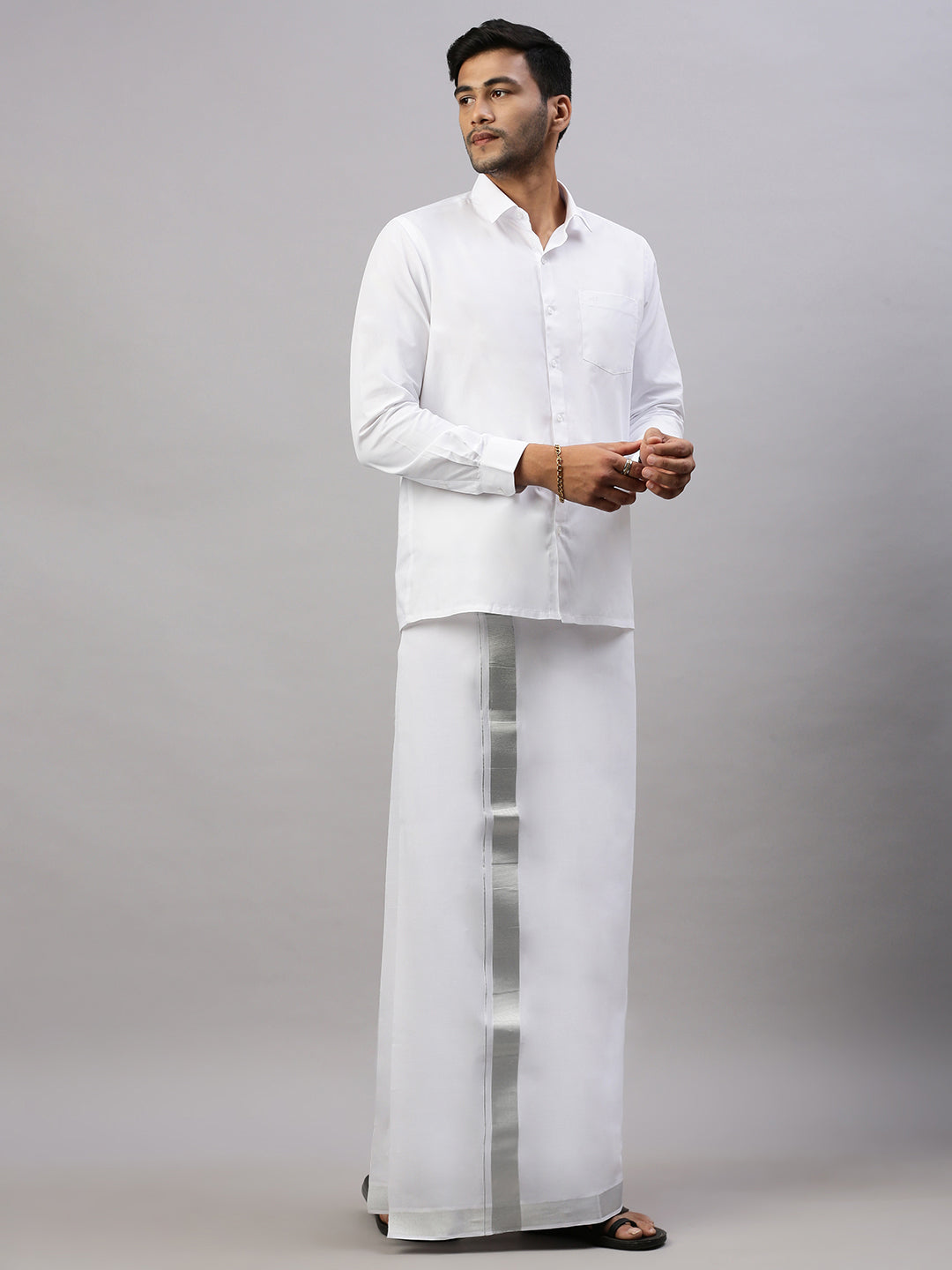 Men Double Dhoti White with 1 1/2" Jari Border Silver Earth