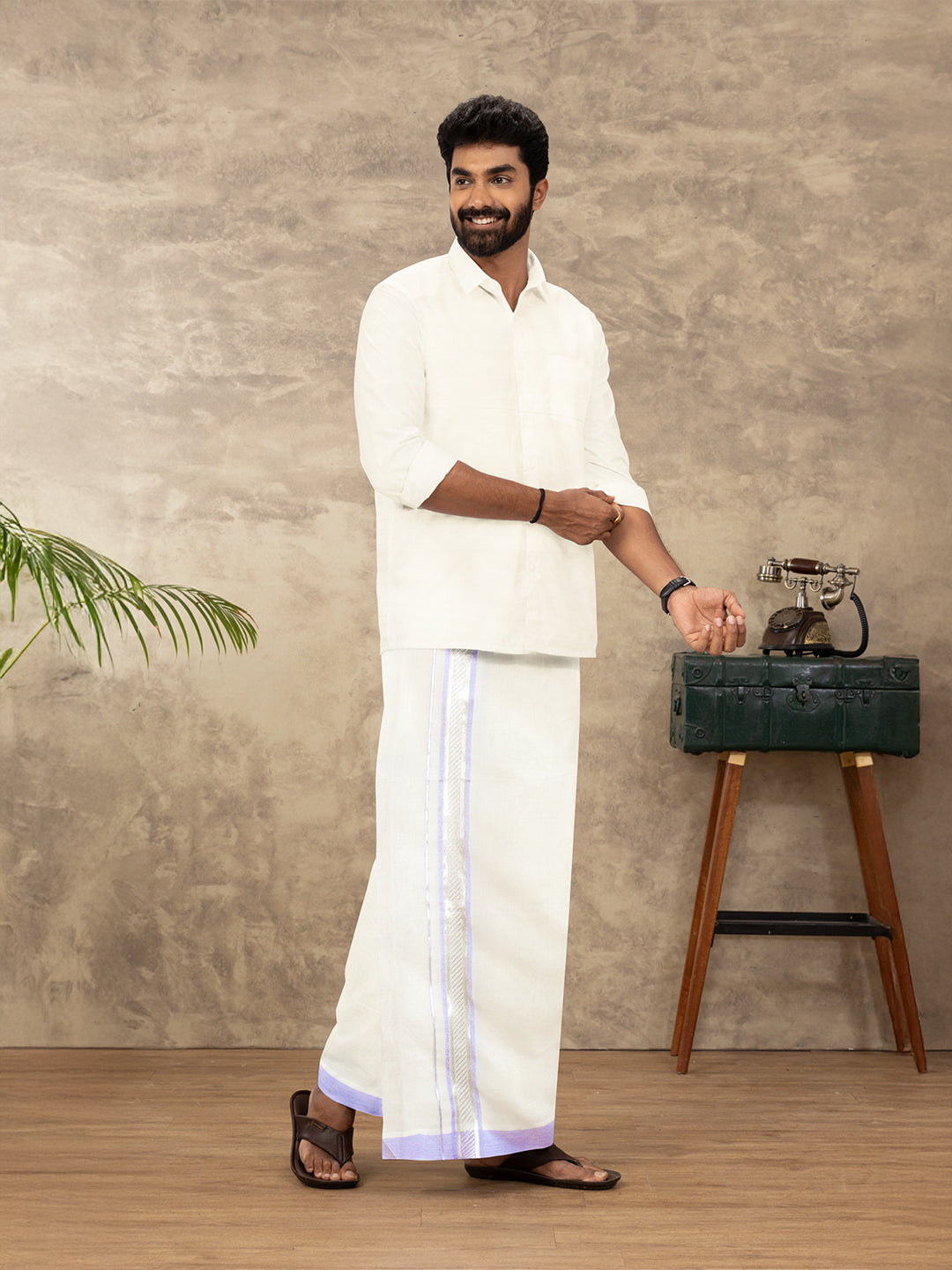 Men Kora Cotton Double Layer Dhoti with Fancy Jari Border EV01