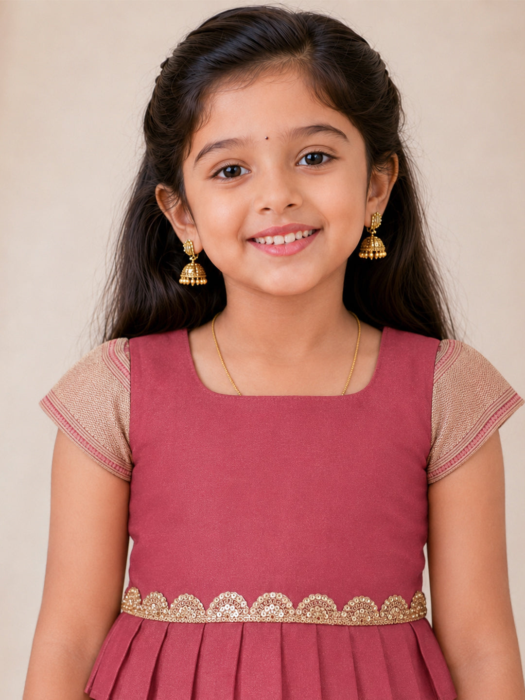 Girls Tissue Maroon Pattu Pavadai Set GPS42