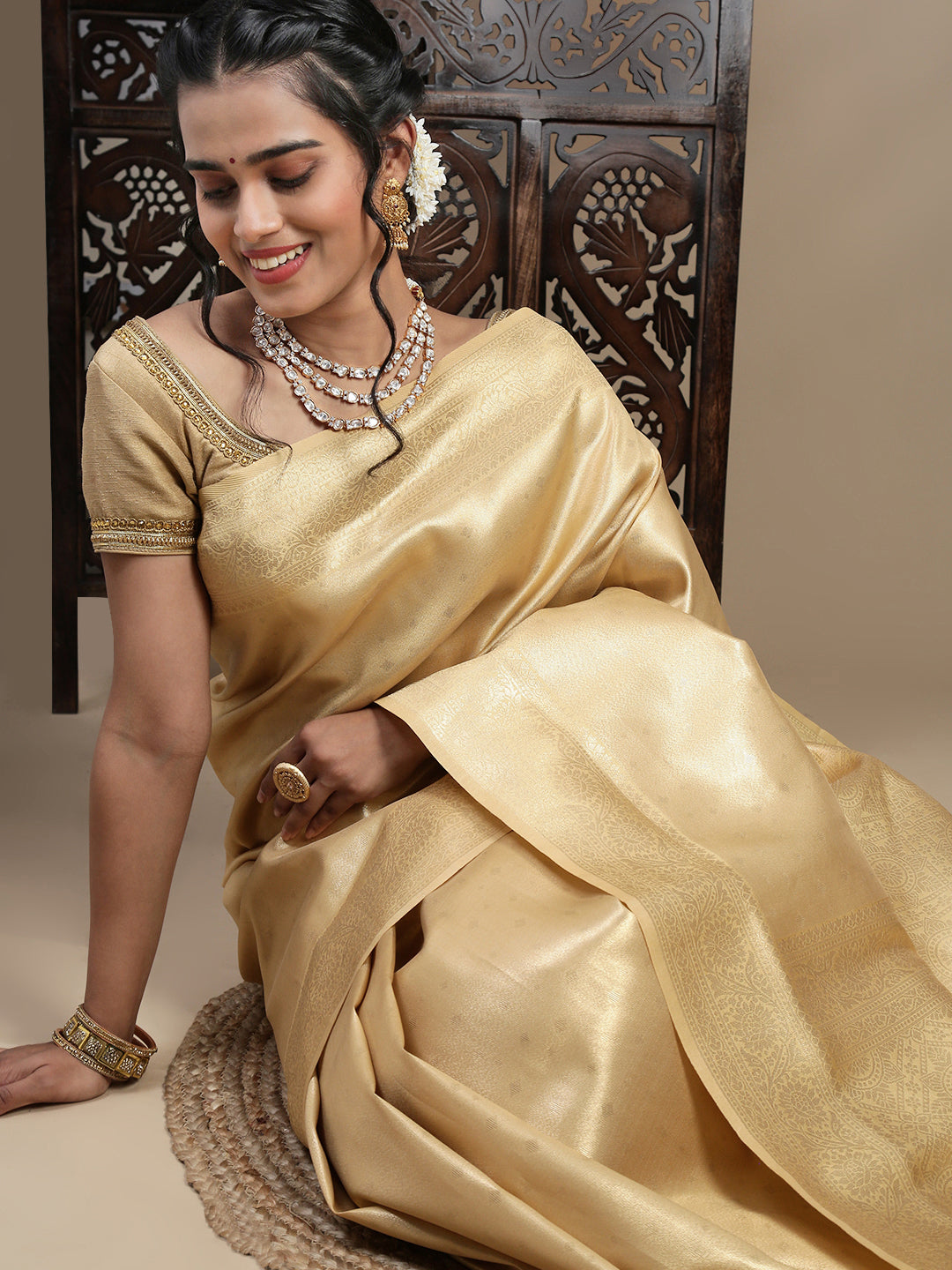 Women Golden Plain Art Silk Saree ASS108