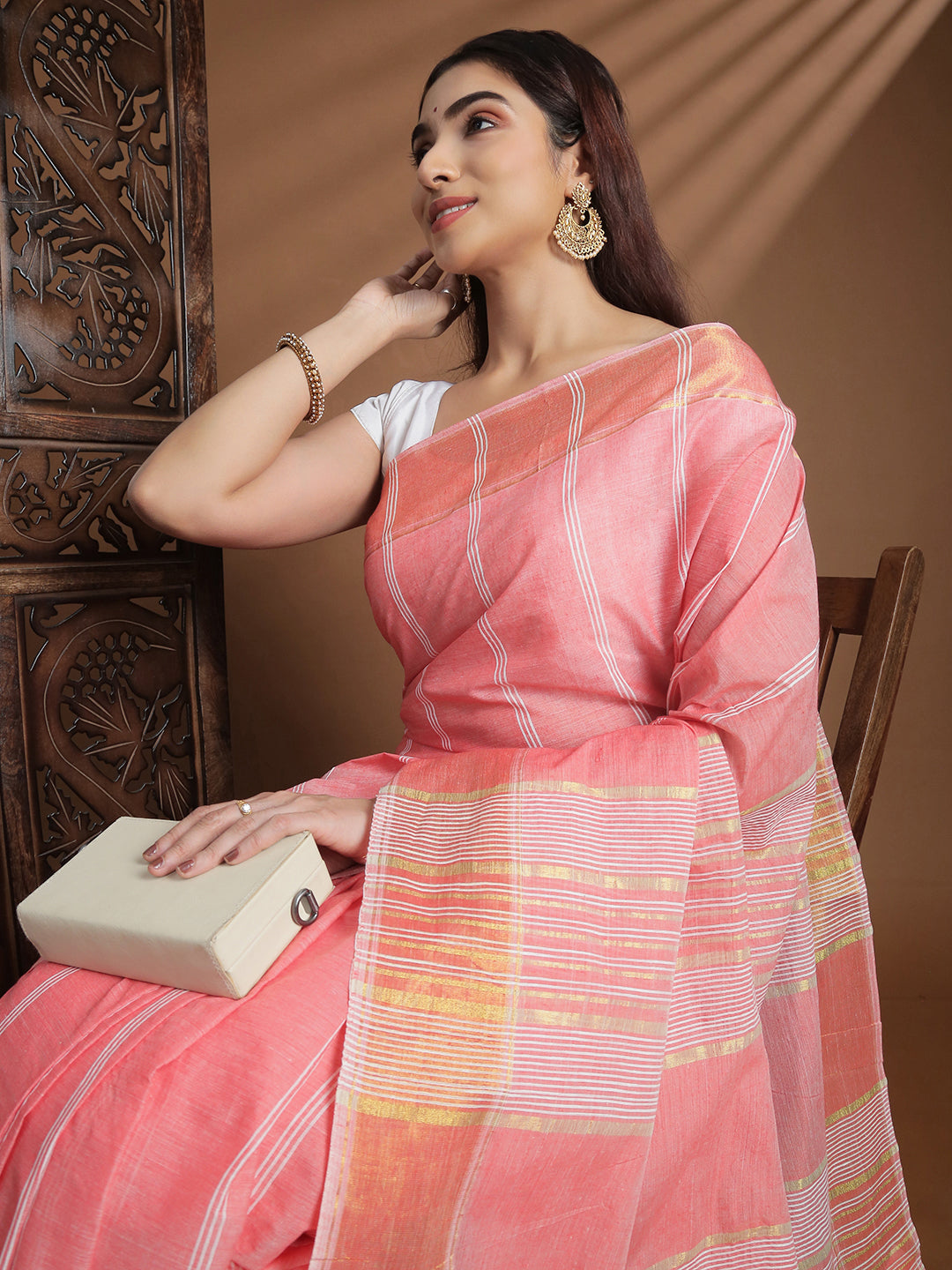 Women Pink Striped Cotton Jute Saree CJ08