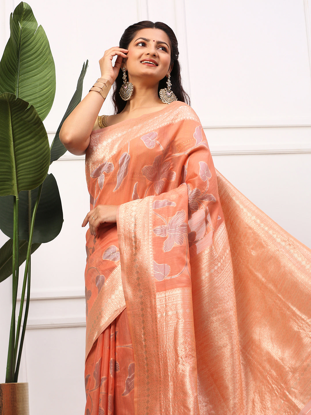 Women Semi Linen Weaving Saree Peach SL149