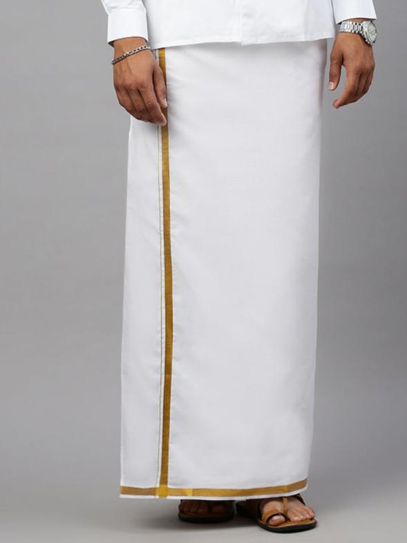 Men 1/2" Gold Jari Border Cotton Single White Dhoti-Gold Tree