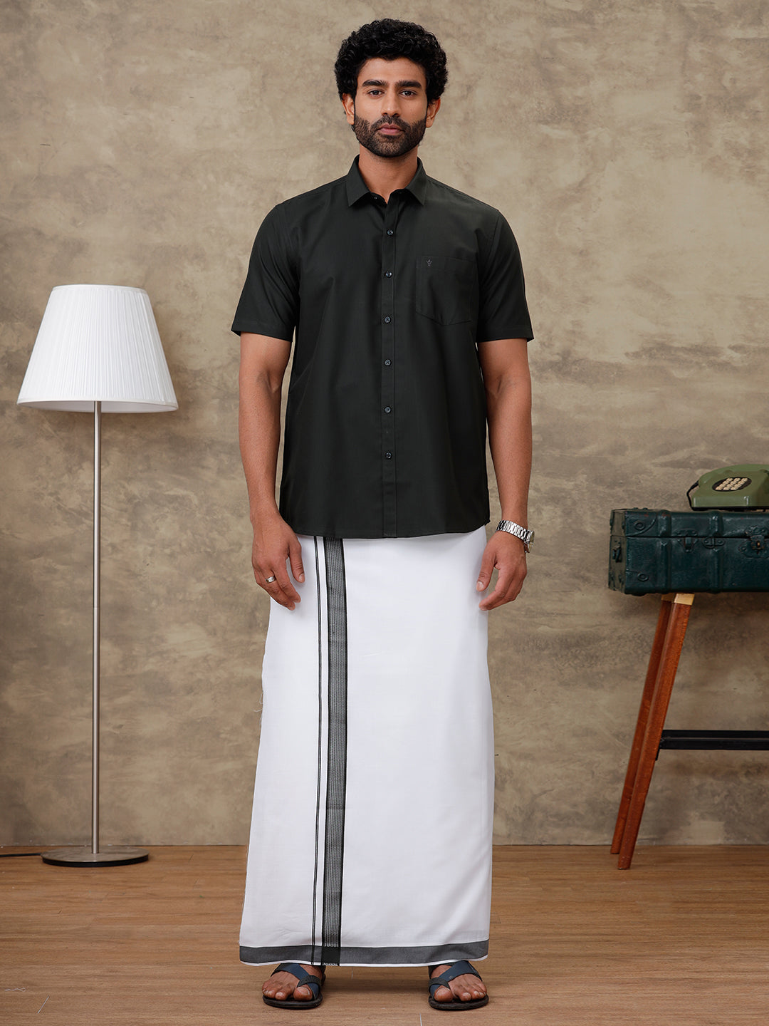 Men Green Waterlo Shirt With Matching Border Dhoti Set Trendy