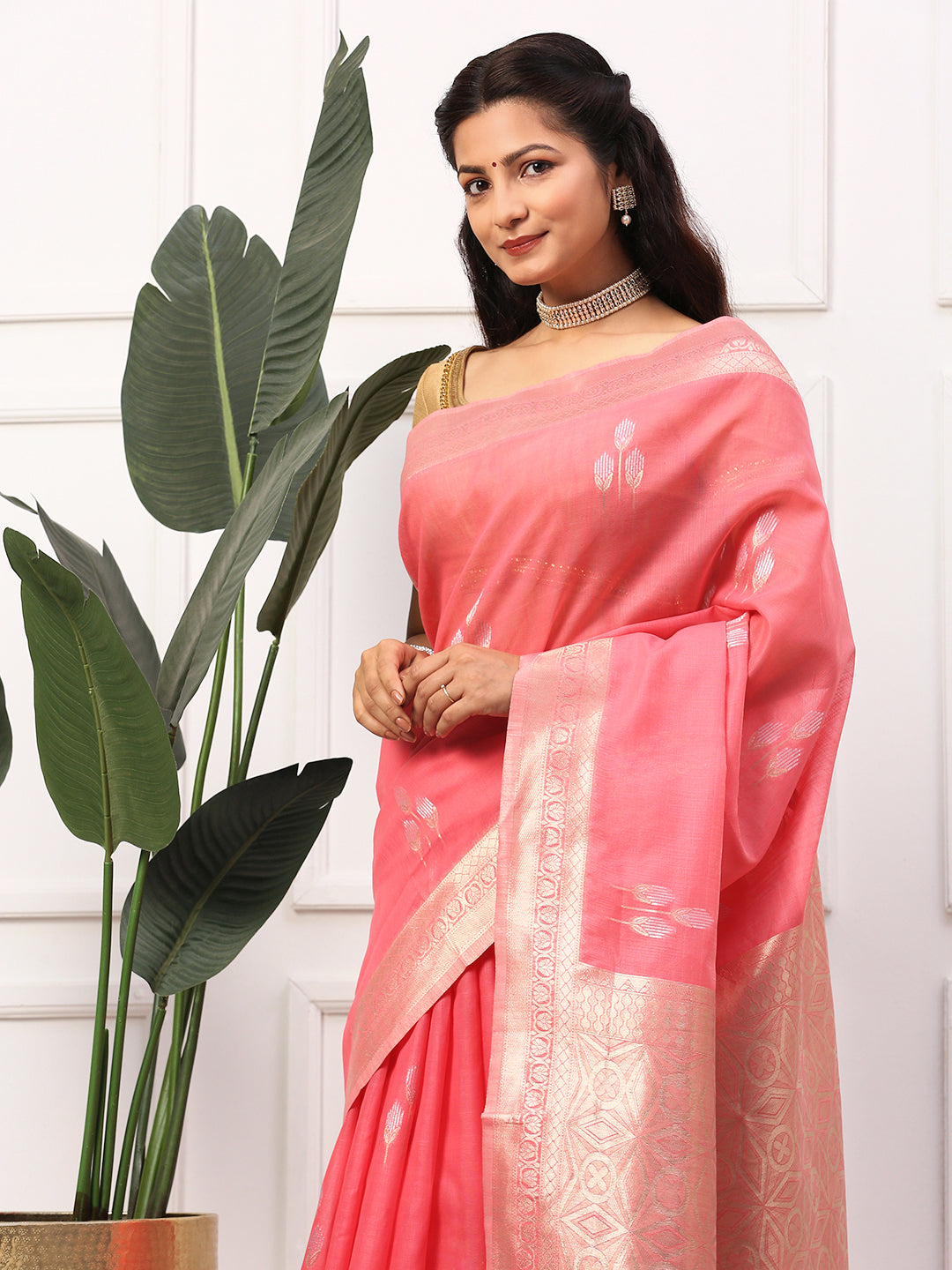 Women Semi Linen Weaving Saree Pink SL139