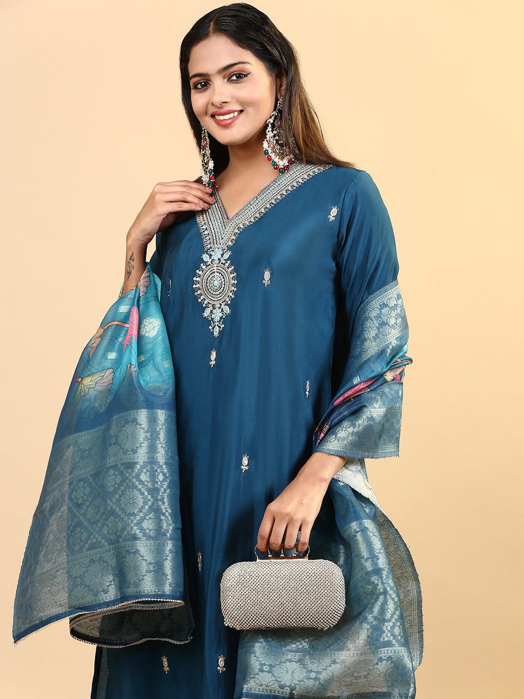 Women Cotton Embroidered Kurti Sets Blue EKS18