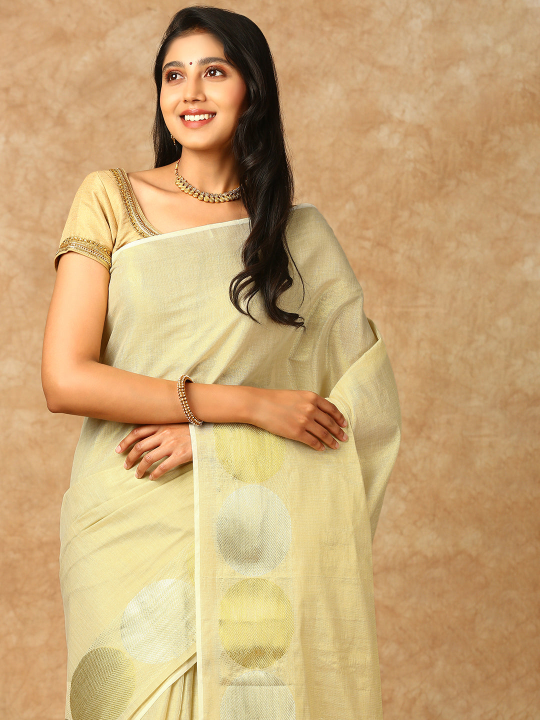 Women Kerala Cream Gold Jari Tissue Saree KS151