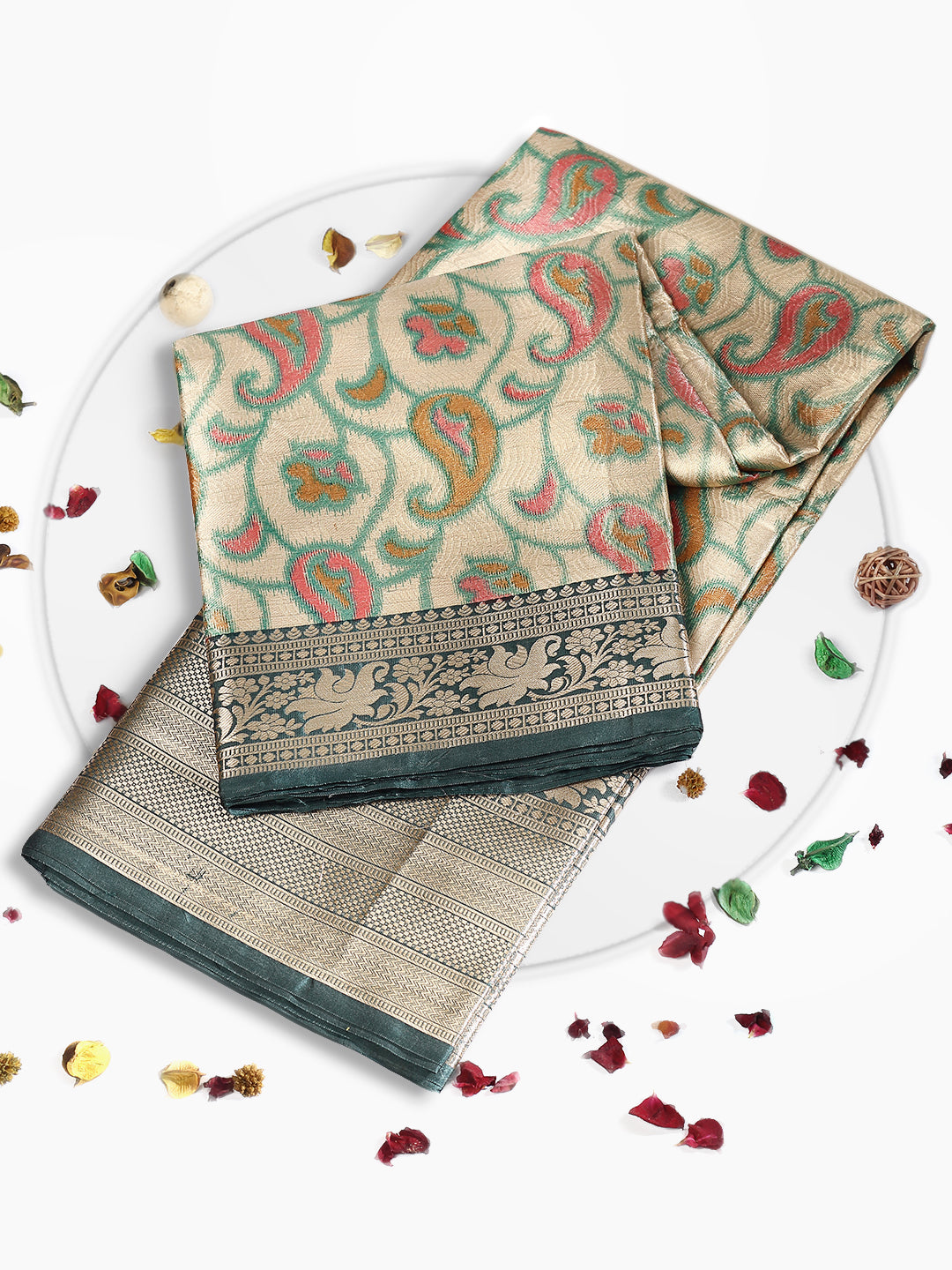 Women Semi Silk Tissue Weaving Saree Gold with Green SS125