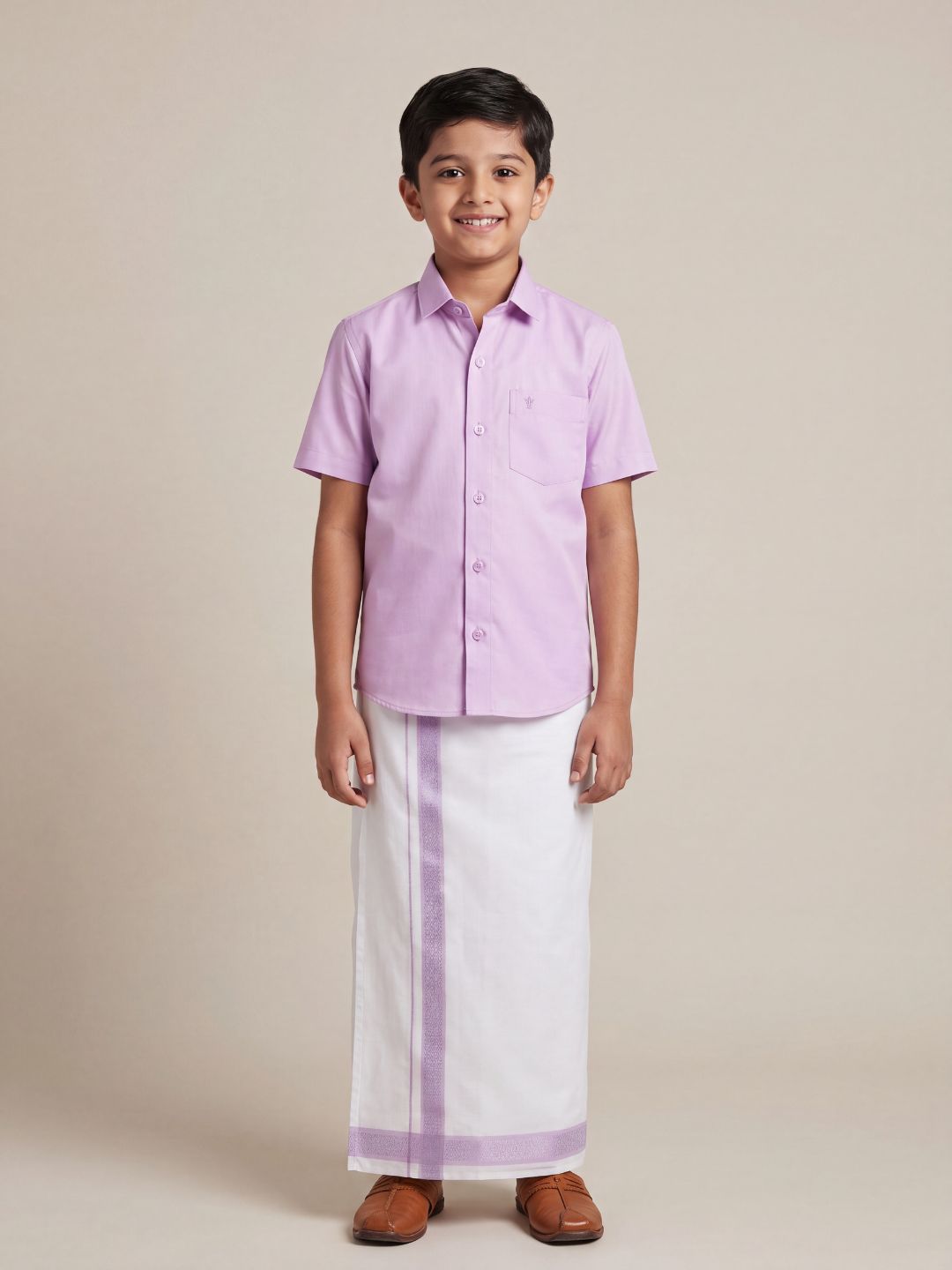 Boys 100% Cotton Lavender Shirt and Fancy Border Dhoti Set BT2