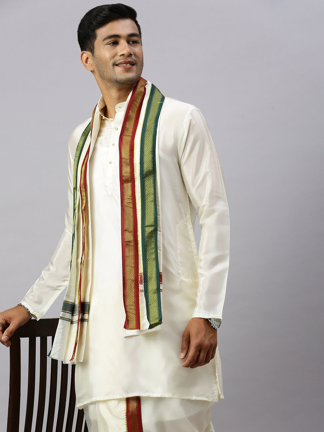 Like Father Like Son Cream Kurta and Mayilkhan Border Cream Panchakacham & Towel Set