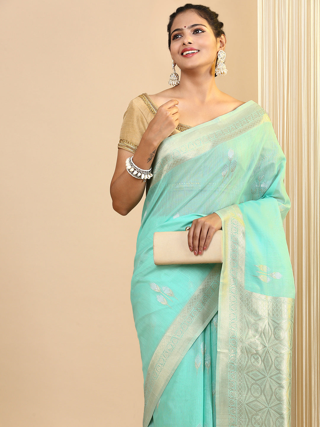 Women Semi Linen Weaving Saree Green SL142