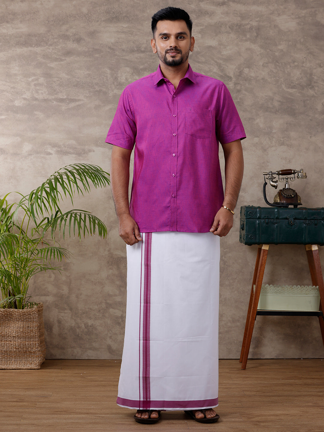 Men Matching Border Dhoti & Shirt Set Half Mejanda C49