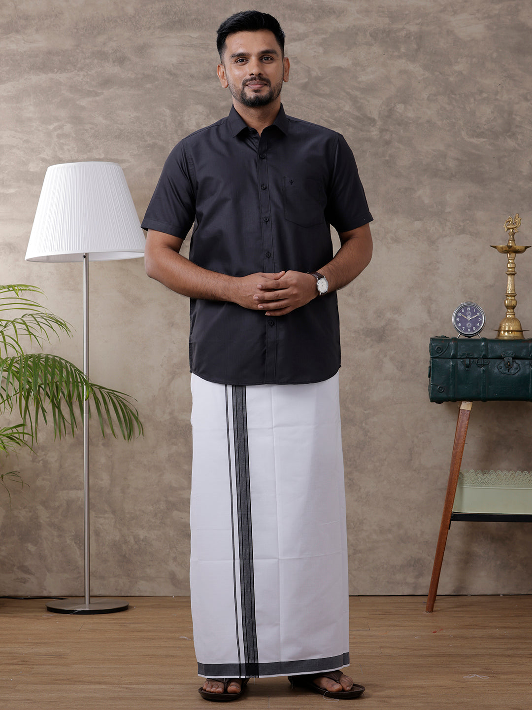 Men Black Matching Border Dhoti & Half Sleeves Shirt Set Evolution IC10