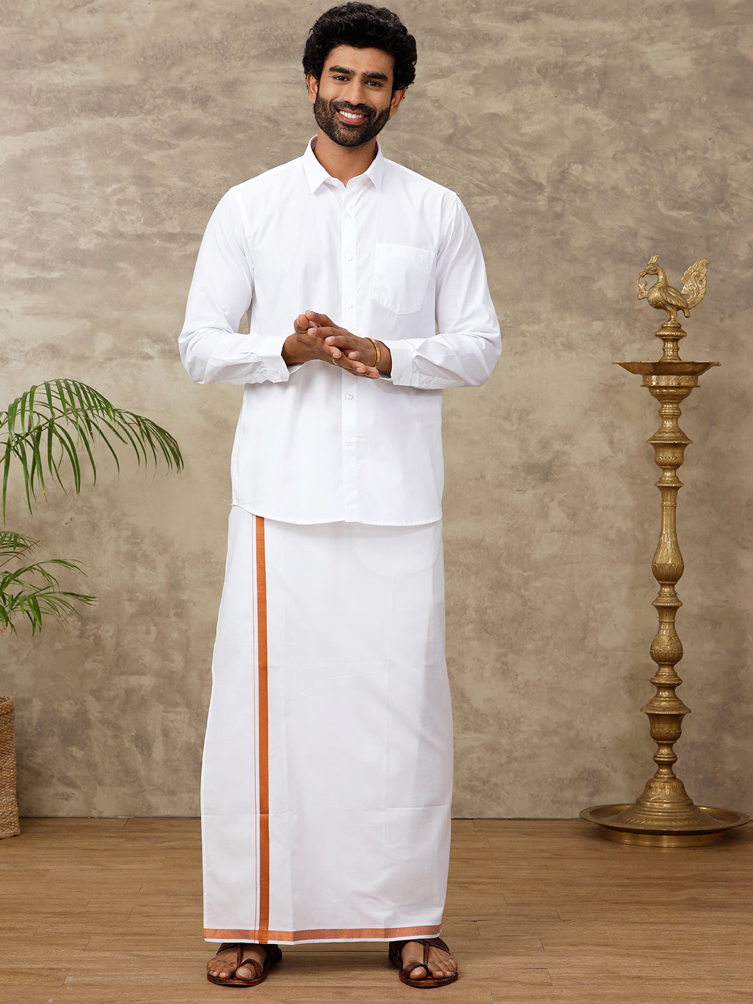 Men Cotton Blend Readymade Double Layer White Dhoti with 3/4" Copper Jari Border 248