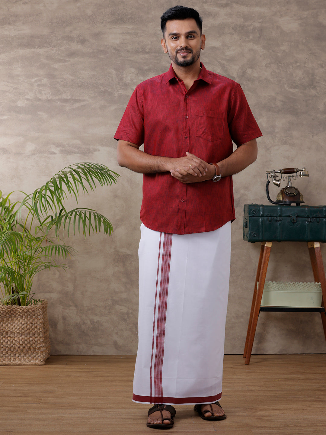 Mens Matching Border Dhoti & Shirt Set Half Maroon C81