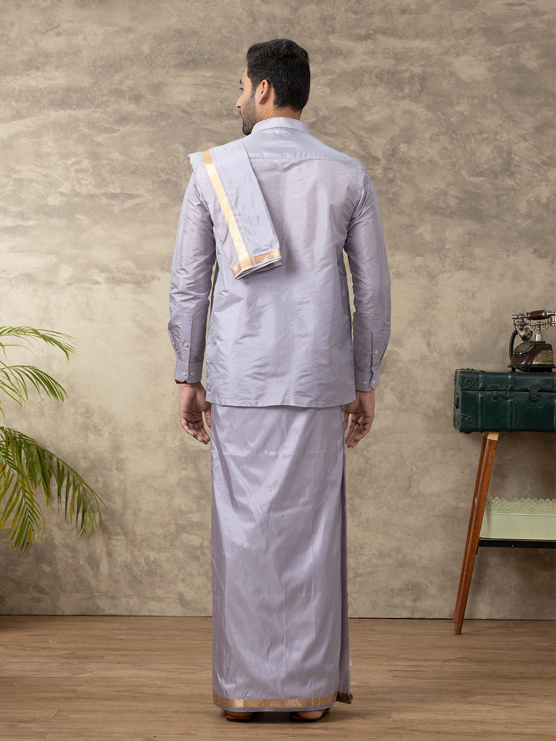 Men Art Silk Polar Violet Shirt & Dhoti Towel Set Swayamvara