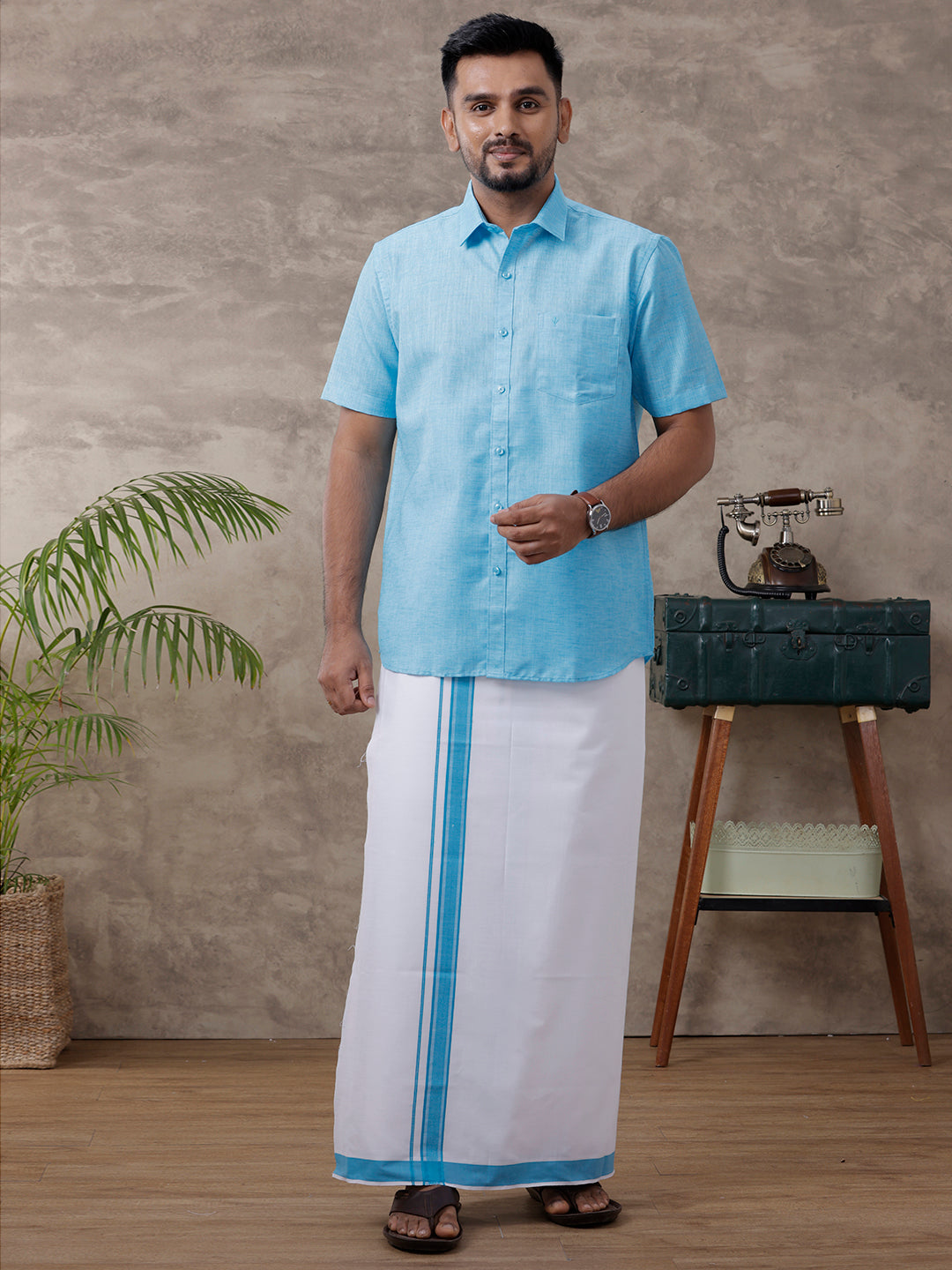 Men Matching Border Dhoti & Half Sleeves Shirt Blue C11