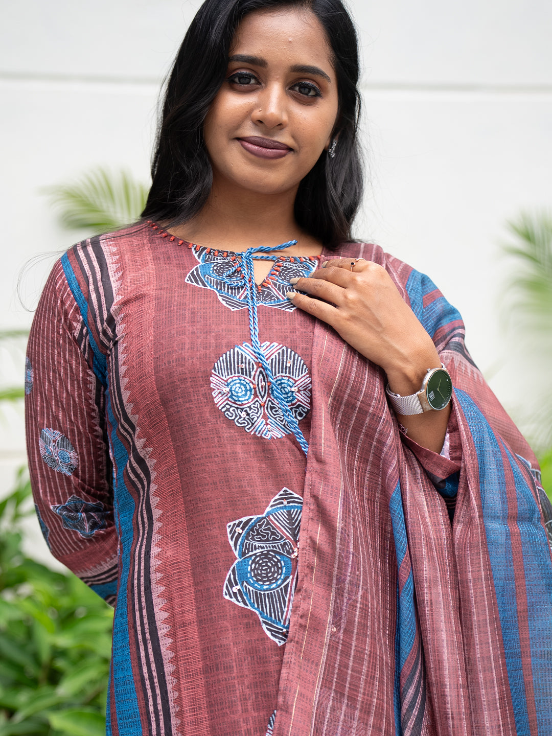 Women Pure Cotton Embroidered Maroon Kurti with Pant & Dupatta Set EKS114