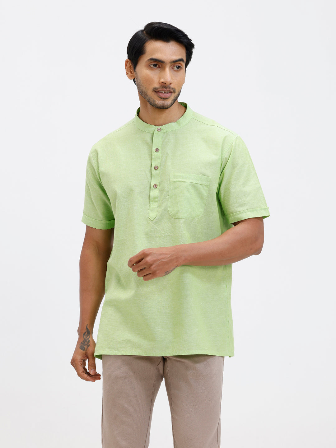 Men Cotton Short Length Plain Pocket Kurta Pale Green PC27
