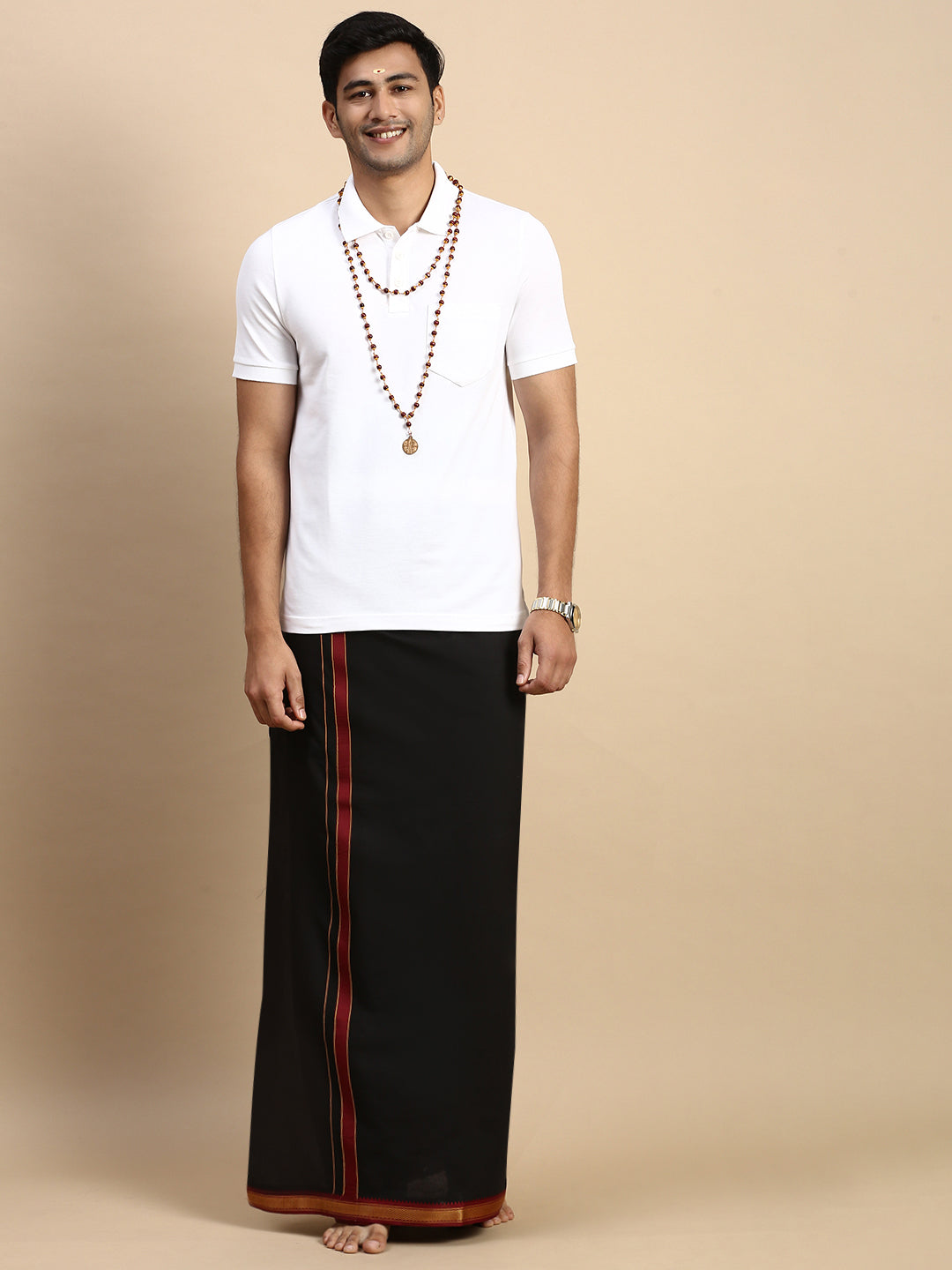 Men Devotional Mayilkhan Border Dhoti & TShirt Set Black EP1