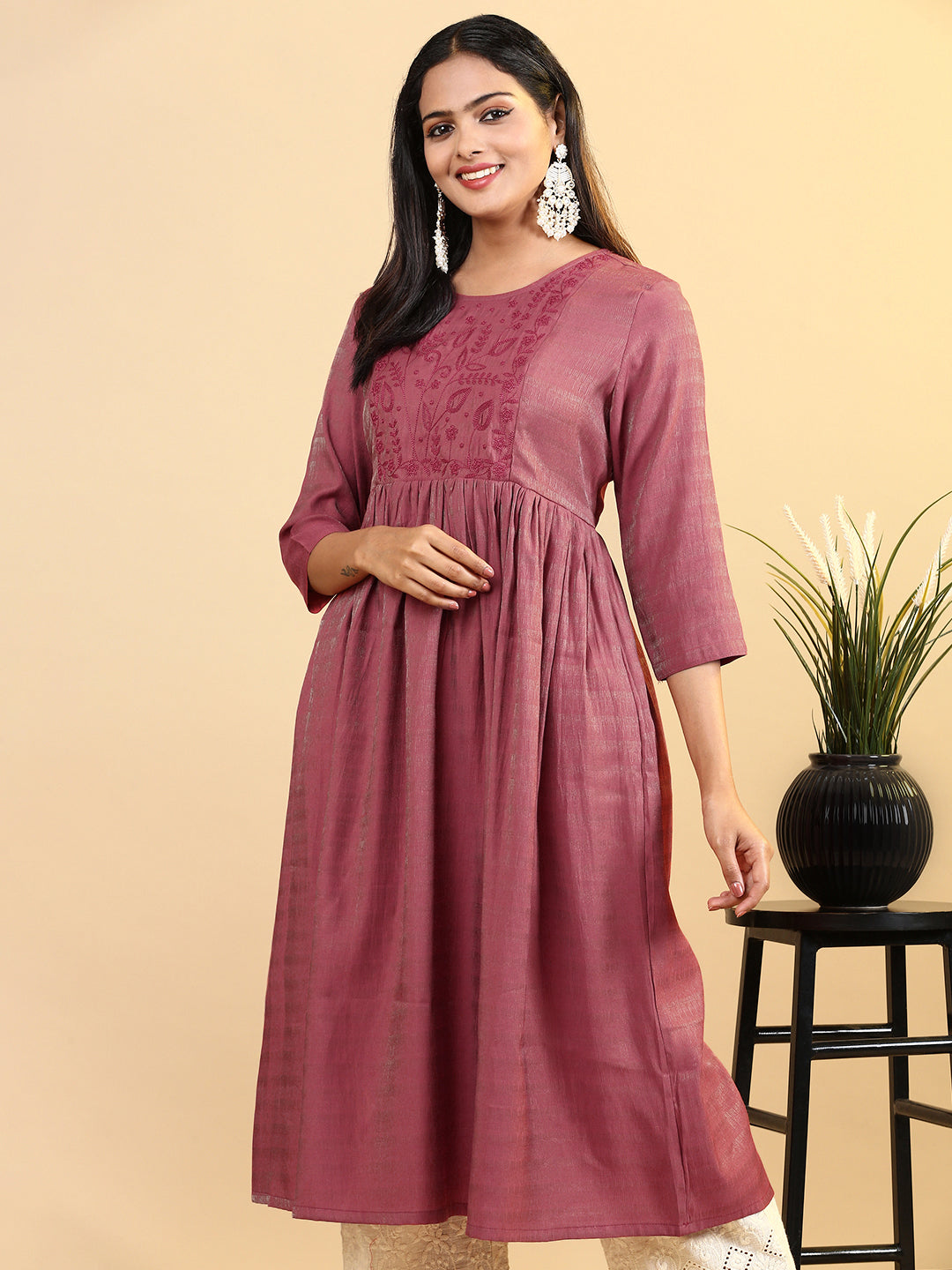 Women Cotton Embroidered Round Neck Kurti Maroon EKS14