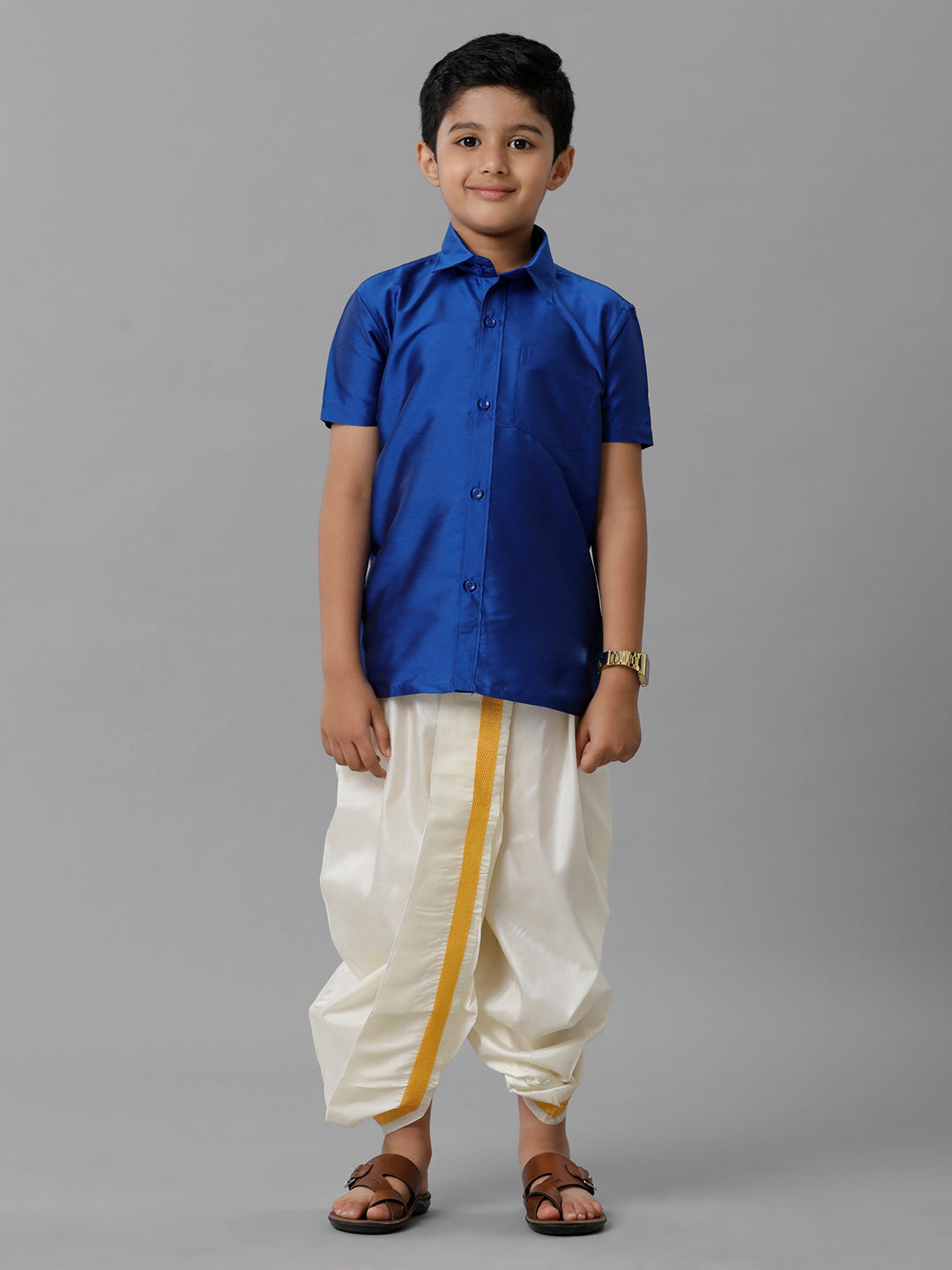 Boys Silk Cotton Royal Blue Half Sleeves Shirt with Soft Silk Panchakacham Combo K5
