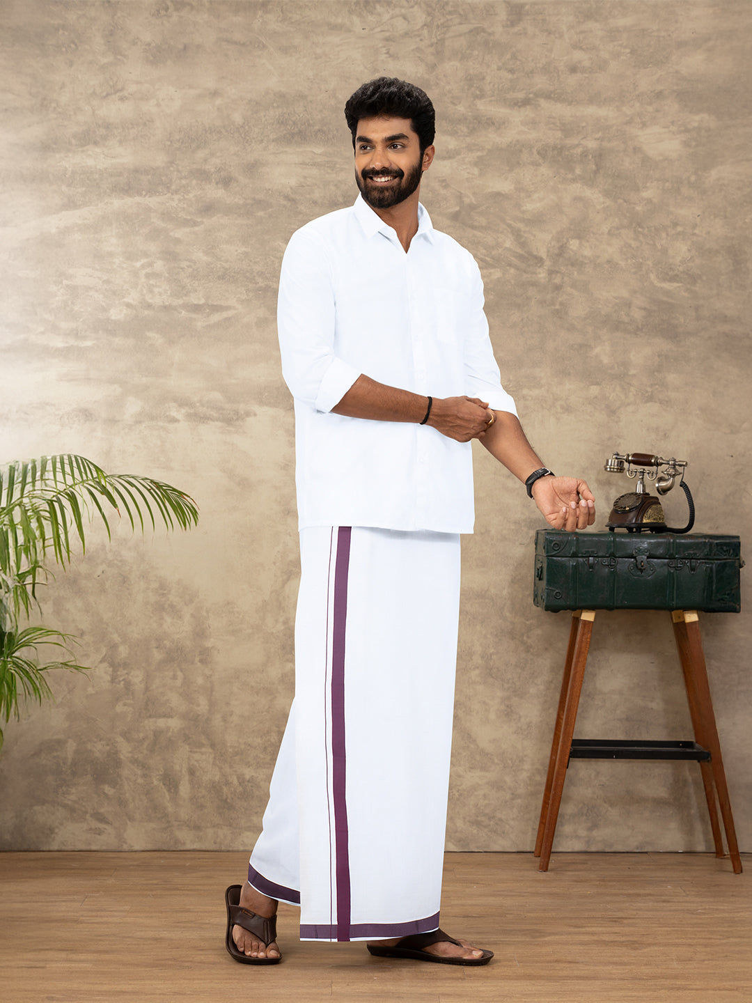 Men Cotton Blend Readymade Single Layer White Dhoti with Big Border GACS15