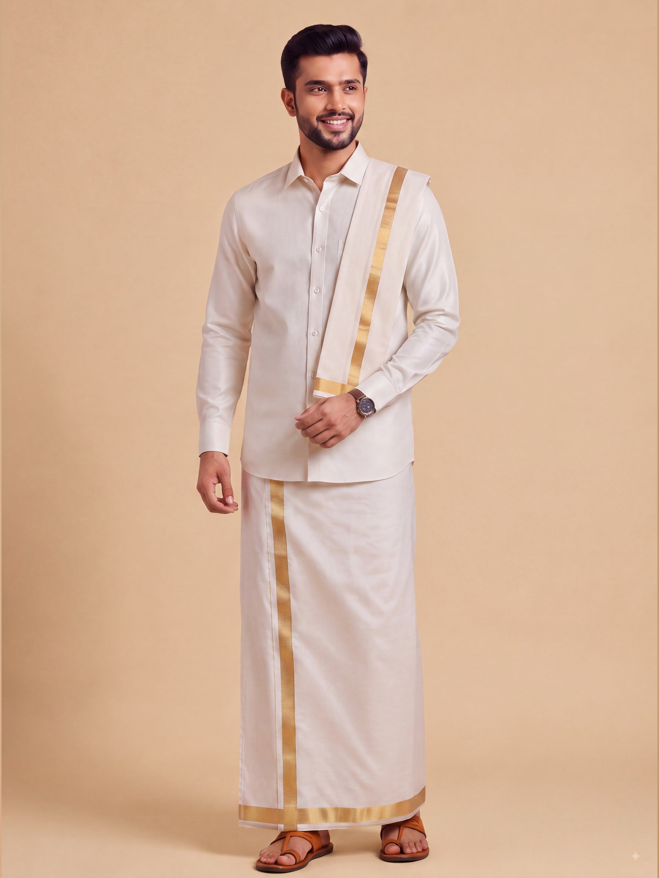Tissue Antique Gold Shirt Dhoti & Towel (3-in-1)Set