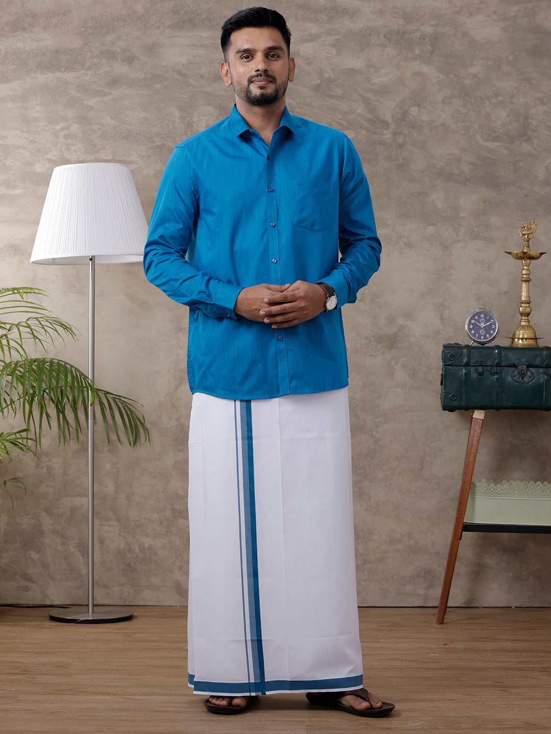 Mens Blue Matching Border Dhoti & Full Sleeves Shirt Set Evolution IC4