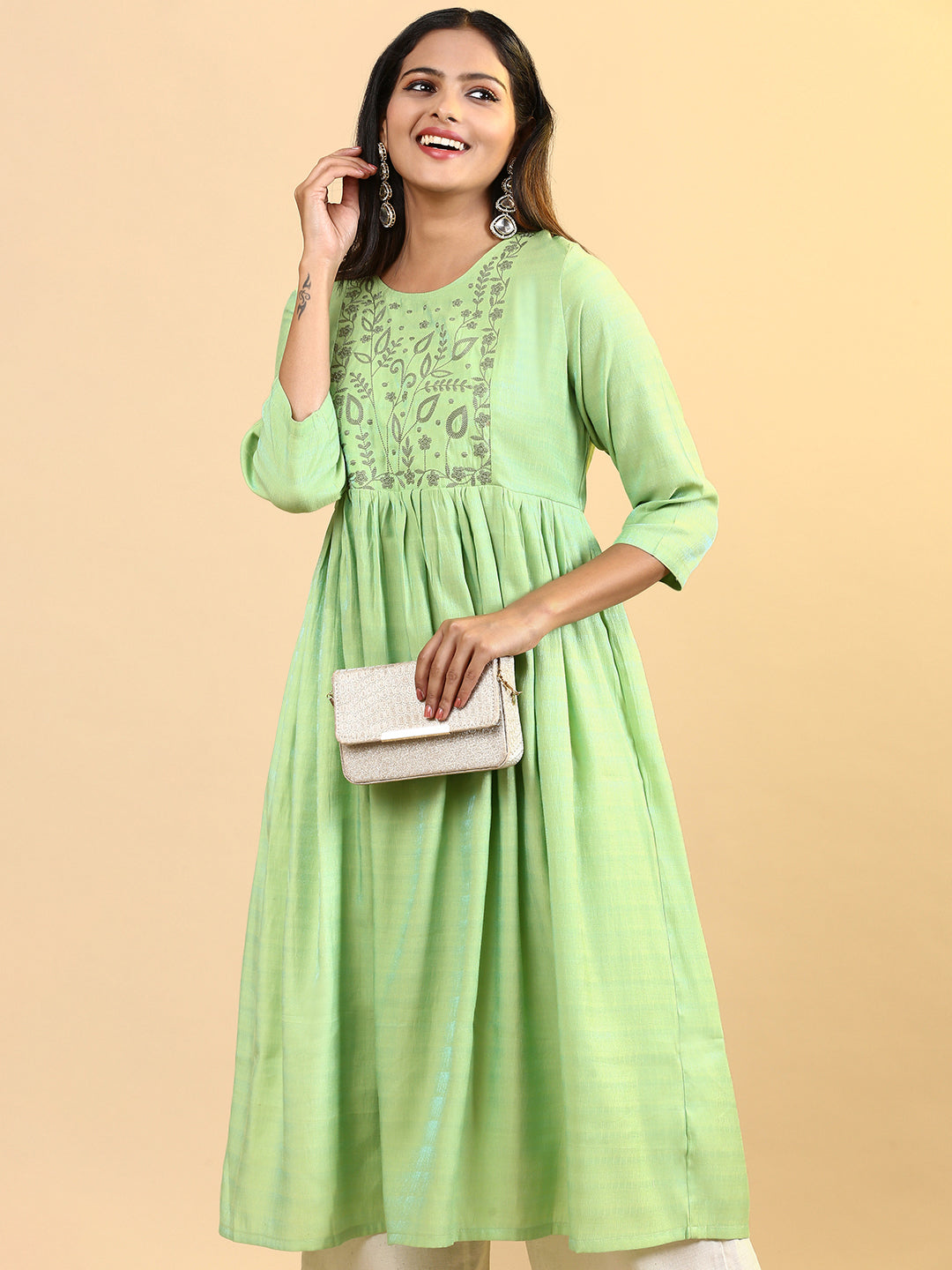 Women Cotton Embroidered Round Neck Kurti Parrot Green EKS12