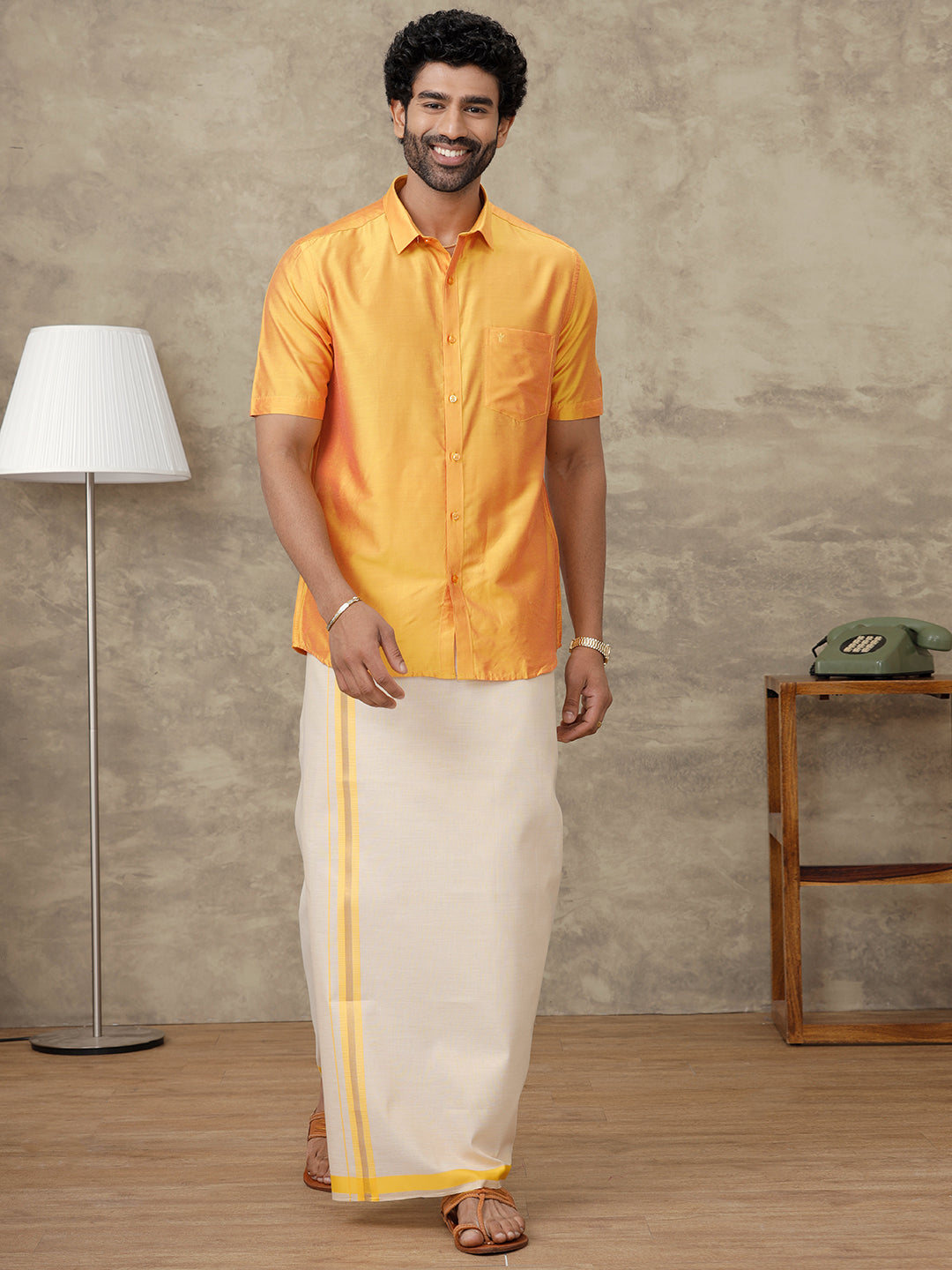 Men Luxor Gold Silk Cotton Shirt With Matching Border Tissue Dhoti Set CCB Fortune