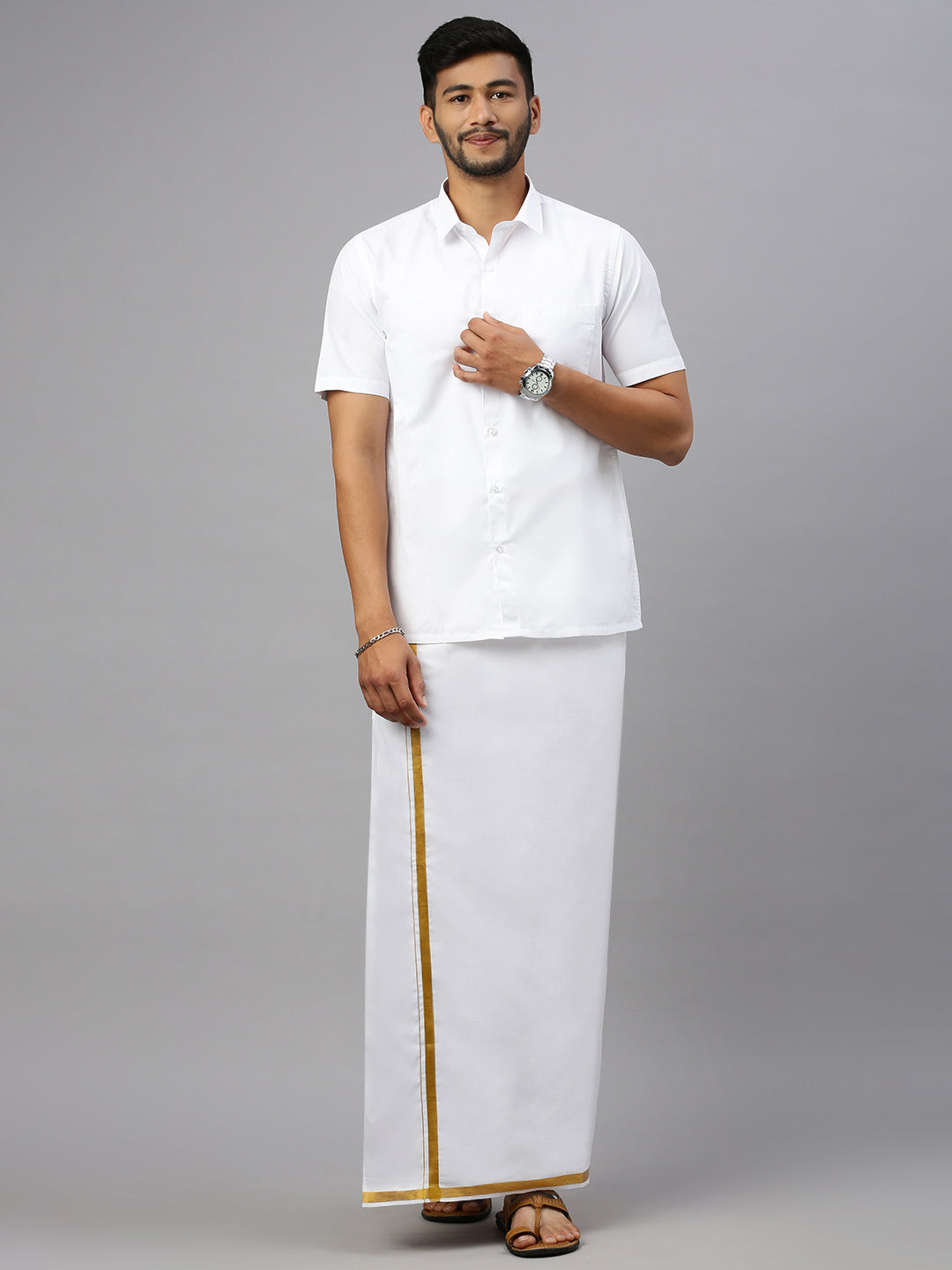 Like Father Like Son Half Sleeves White Shirt Dhoti Set Combo